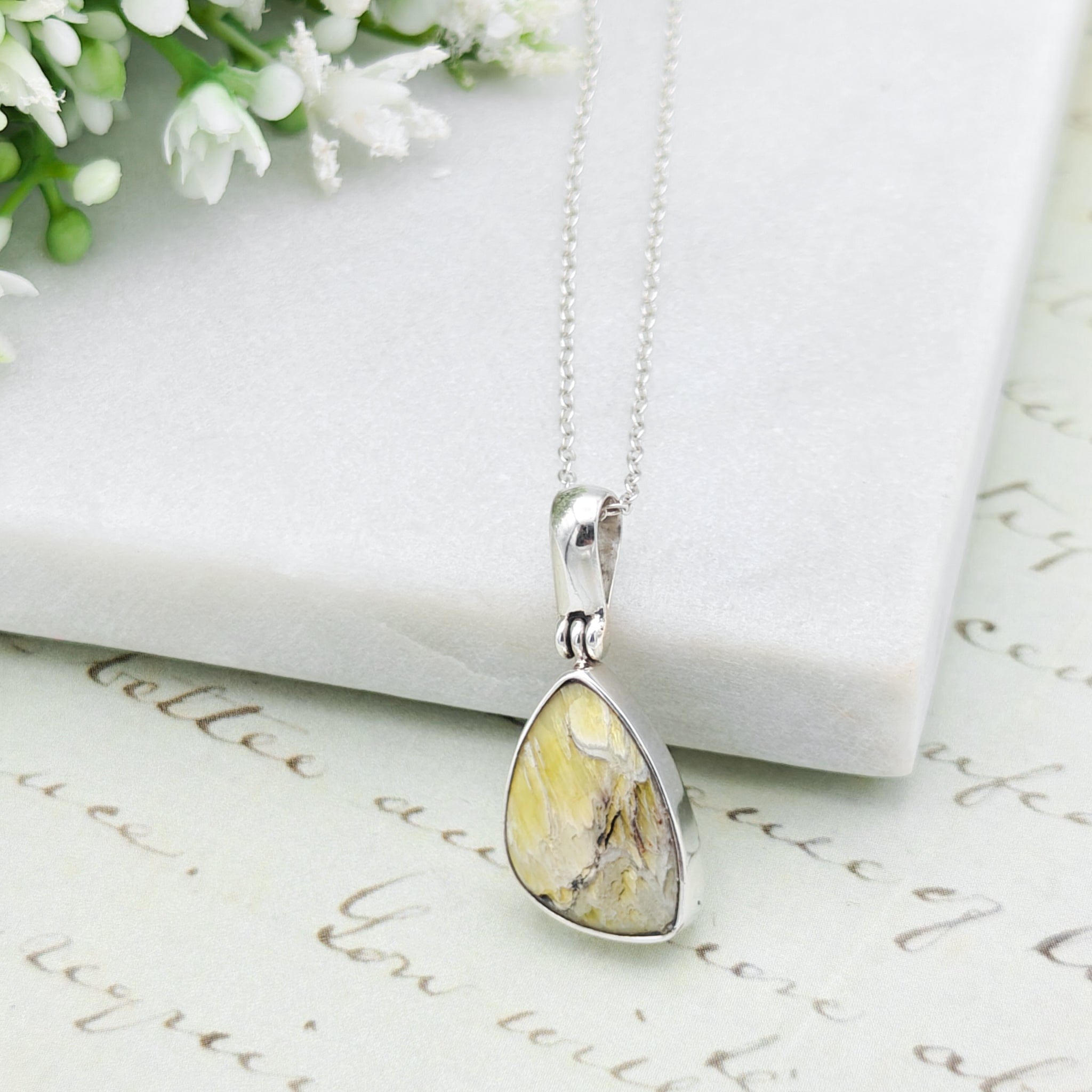Hepburn & Hughes Isle of Skye Marble Pendant | Scotland Gift | Pale Green Stone | Sterling Silver