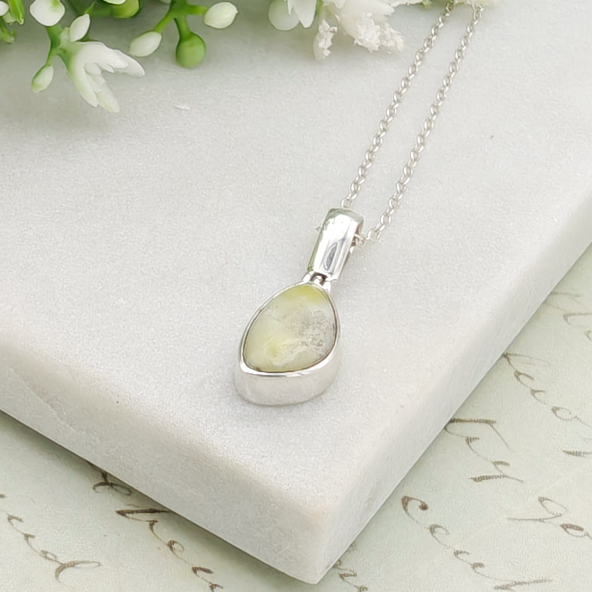 Hepburn & Hughes Isle of Skye Marble Pendant | Scotland Gift | Pale Green Stone | Sterling Silver