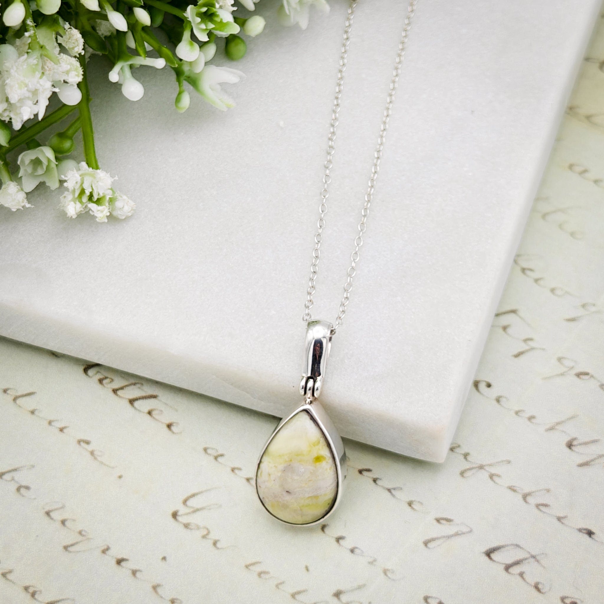 Hepburn & Hughes Isle of Skye Marble Pendant | Scotland Gift | Pale Green Stone | Sterling Silver