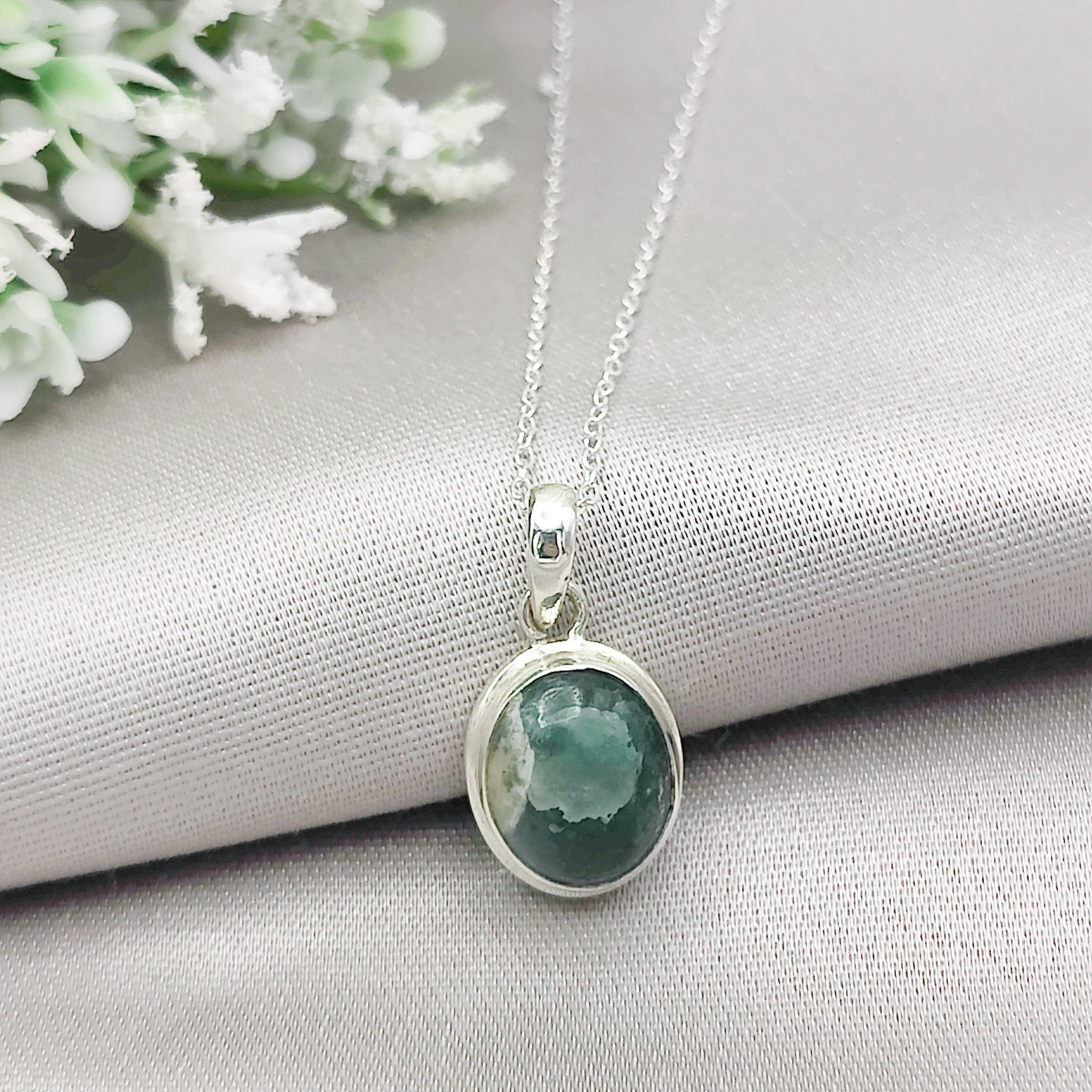 Hepburn & Hughes Isle of Skye Marble Pendant | Scottish Gift | 12mm Green Stone | Sterling Silver