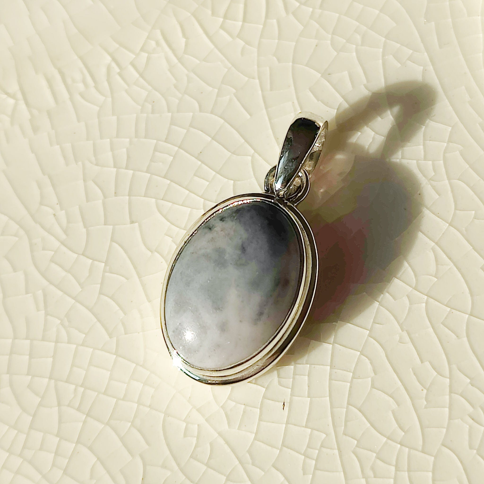 Hepburn & Hughes Isle of Skye Marble Pendant | Scottish Gift | 15mm Oval Grey Stone | Sterling Silver