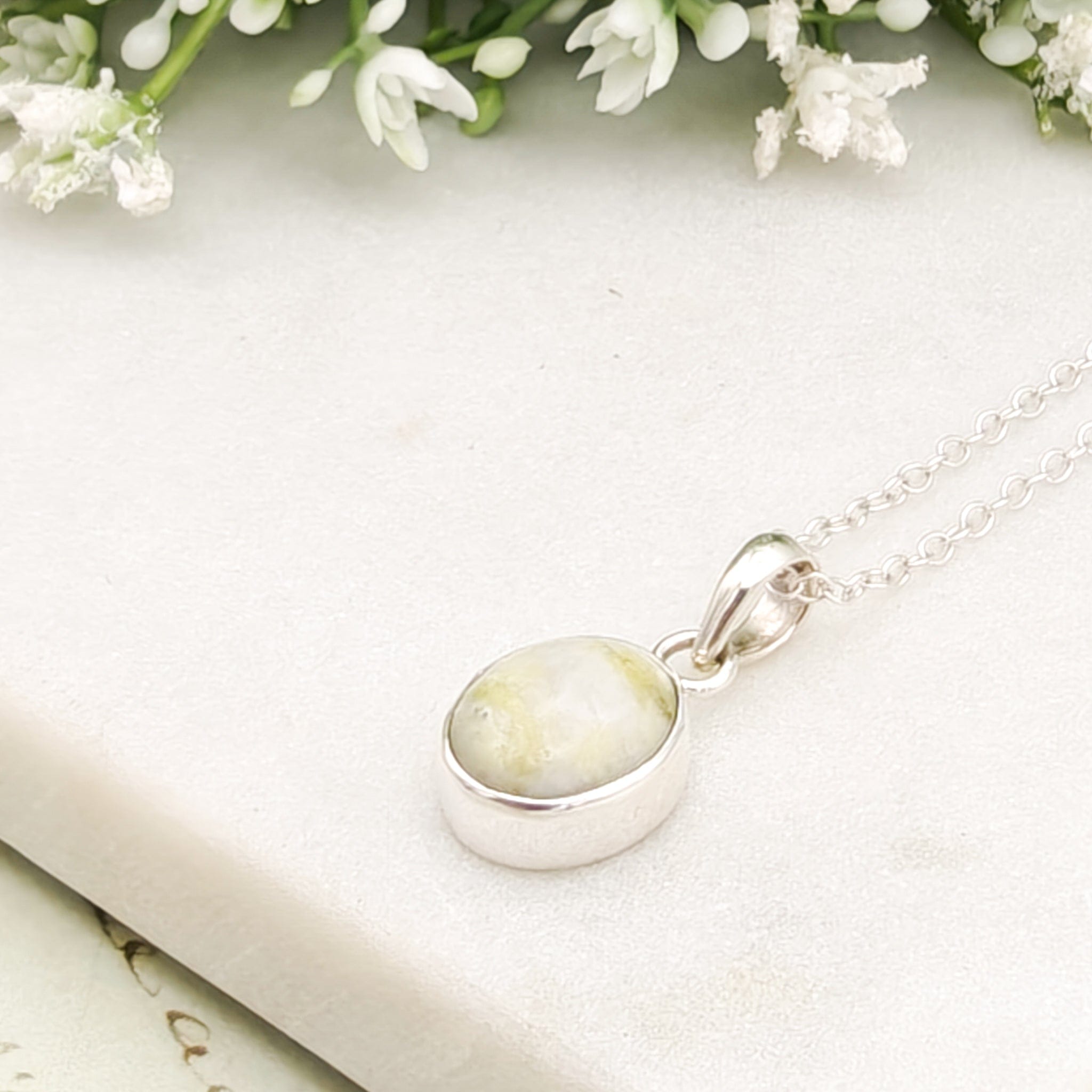 Hepburn and Hughes Isle of Skye Marble Pendant | Scottish Gift | 15mm Oval Grey Stone | Sterling Silver