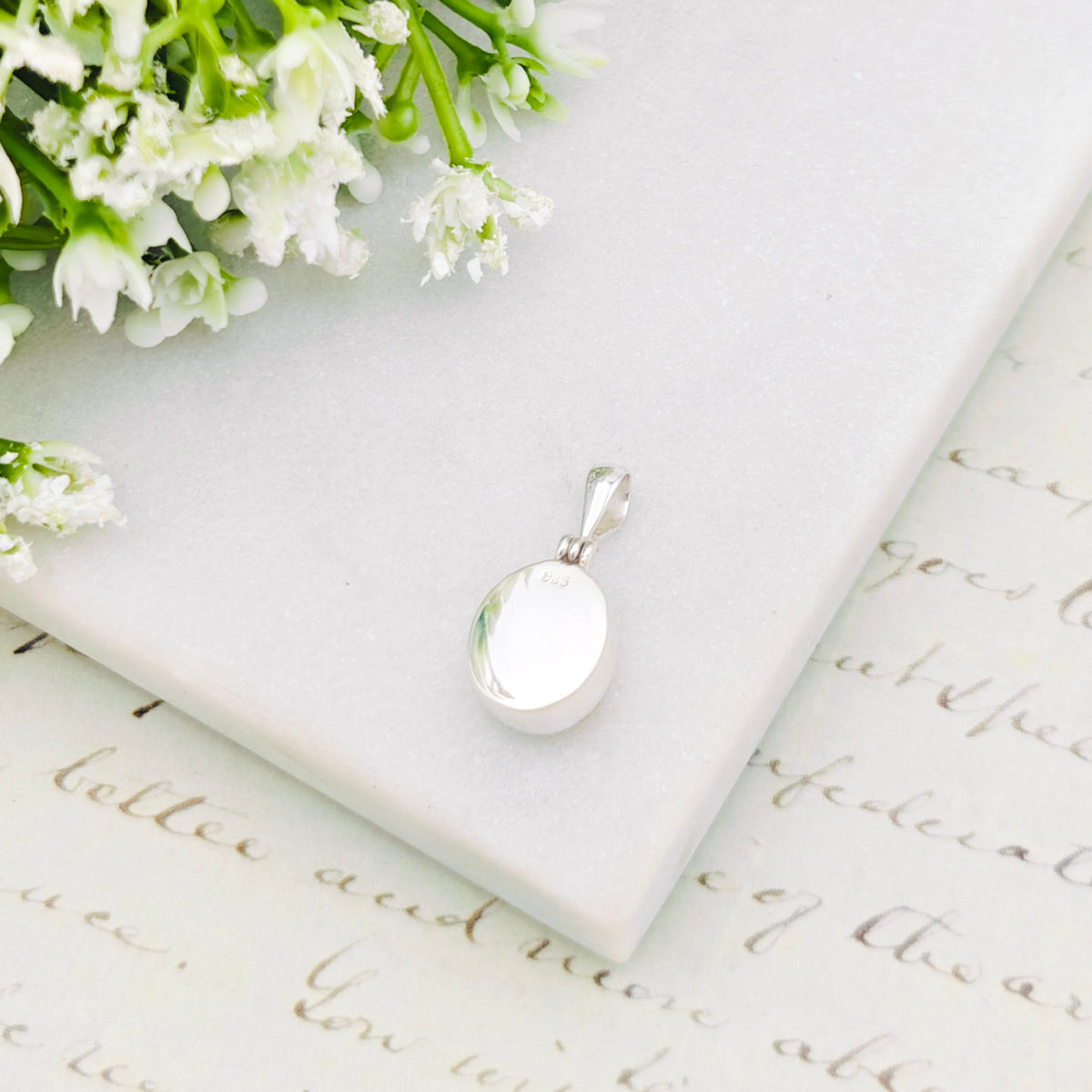 Hepburn and Hughes Isle of Skye Marble Pendant | Scottish Gift | 15mm Oval Grey Stone | Sterling Silver