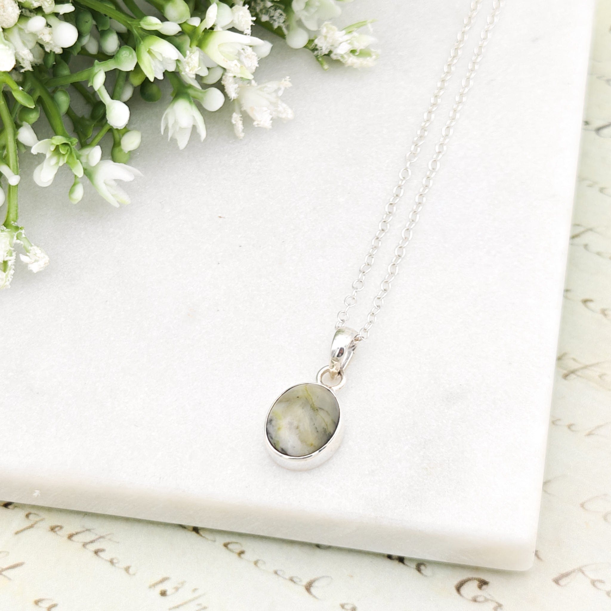 Hepburn and Hughes Isle of Skye Marble Pendant | Scottish Gift | 15mm Oval Grey Stone | Sterling Silver