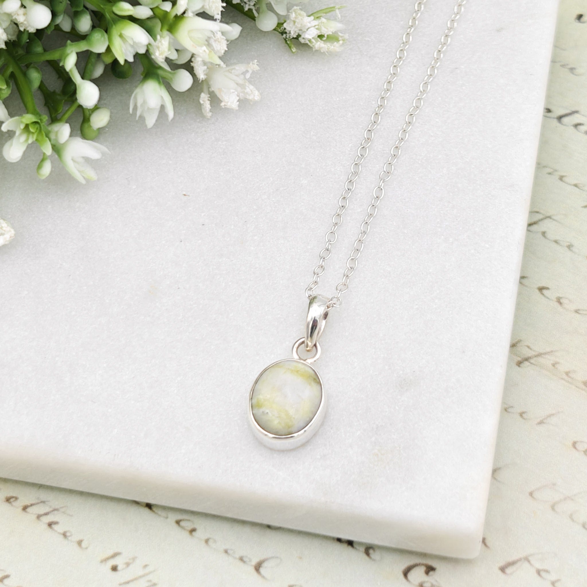 Hepburn and Hughes Isle of Skye Marble Pendant | Scottish Gift | 15mm Oval Grey Stone | Sterling Silver