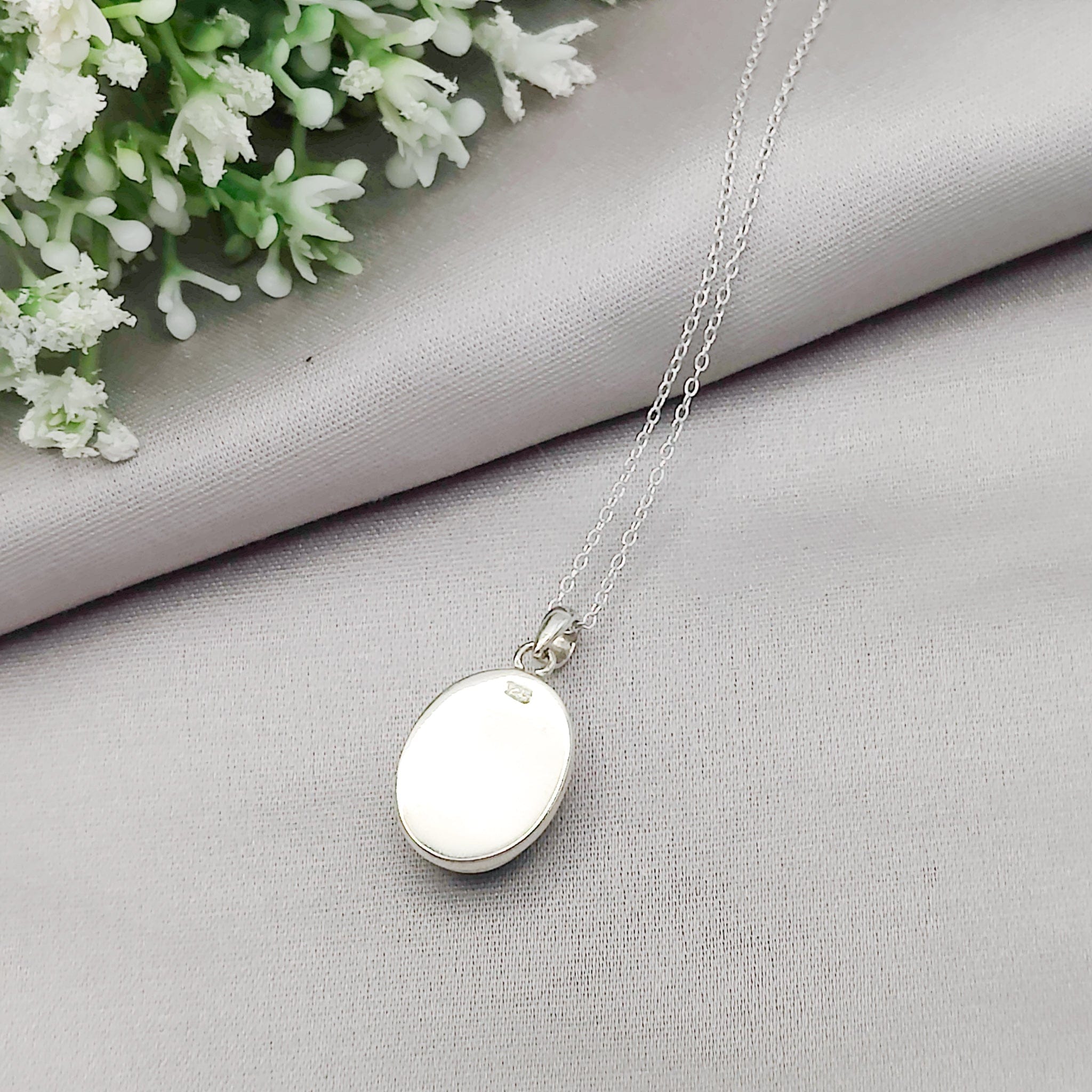 Hepburn & Hughes Isle of Skye Marble Pendant | Scottish Gift | 18mm White and Grey Oval Stones | Five options | Sterling Silver