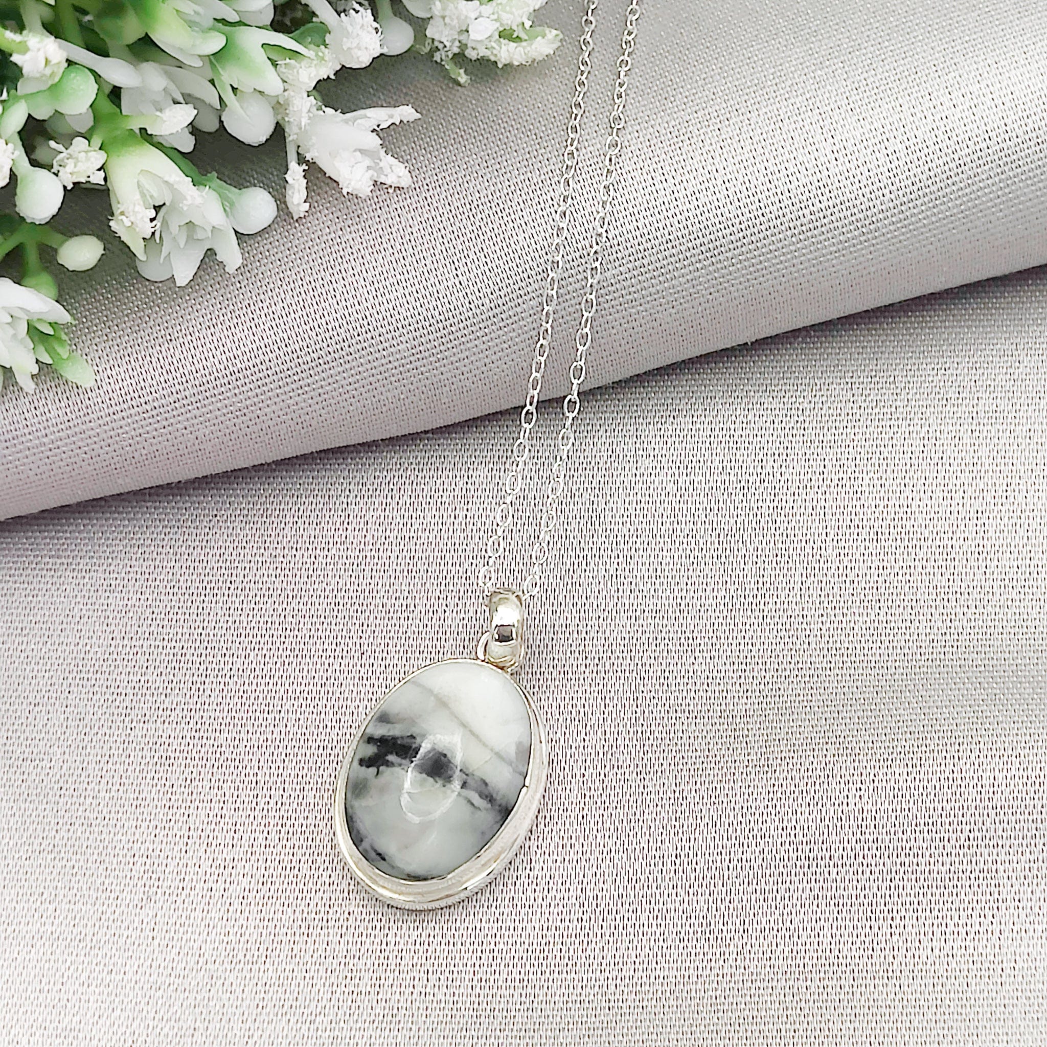 Hepburn & Hughes Isle of Skye Marble Pendant | Scottish Gift | 18mm White and Grey Oval Stones | Five options | Sterling Silver