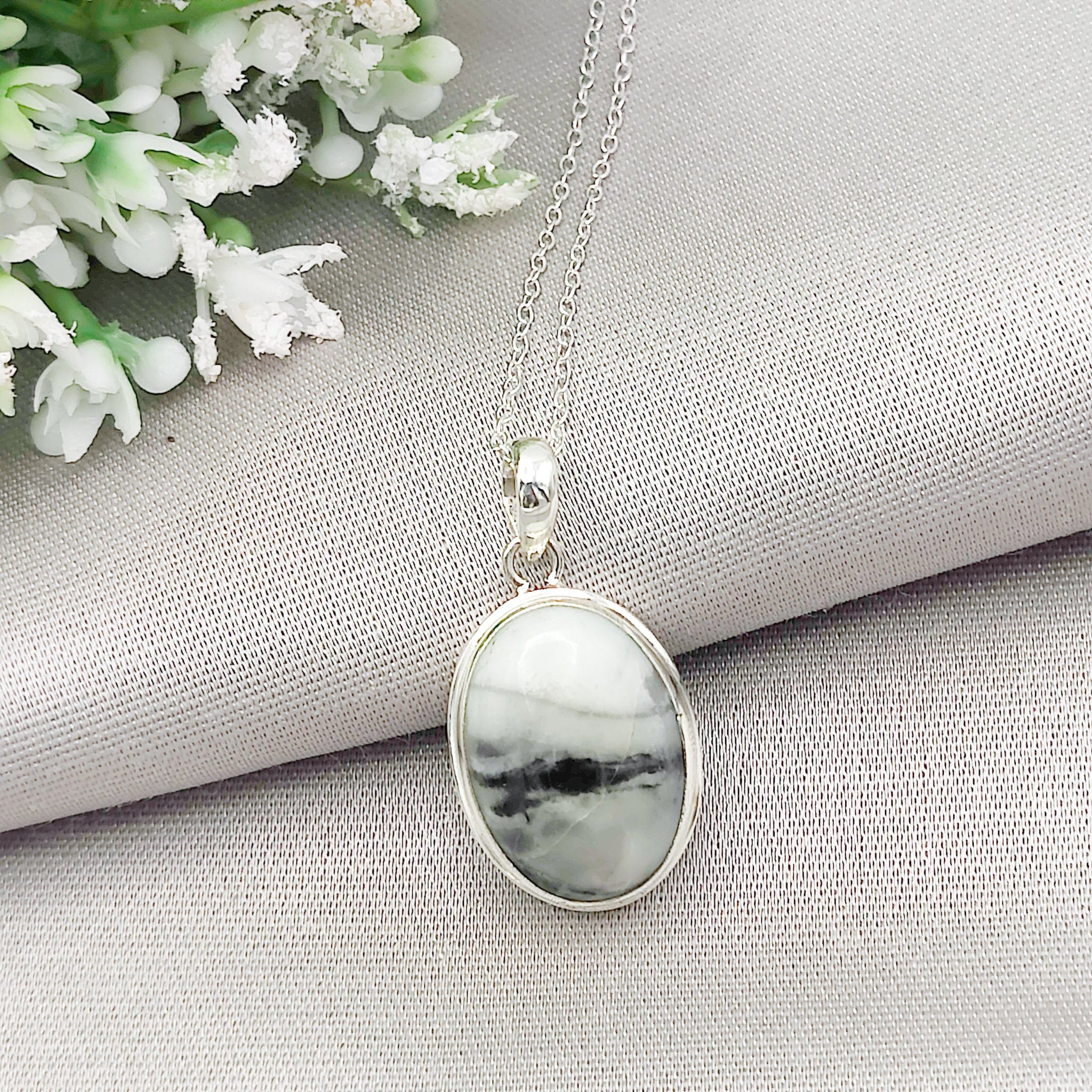 Hepburn & Hughes Isle of Skye Marble Pendant | Scottish Gift | 18mm White and Grey Oval Stones | Five options | Sterling Silver