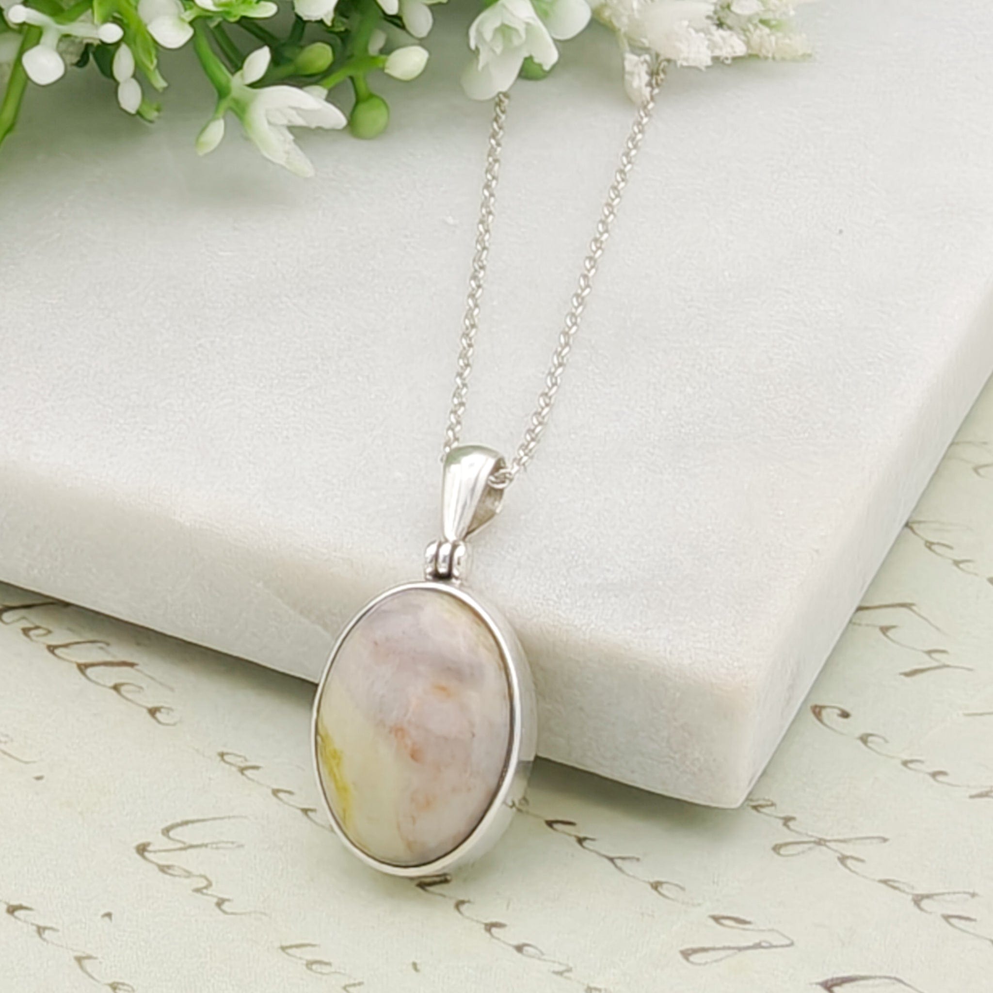 Hepburn & Hughes Isle of Skye Marble Pendant | Scottish Gift | 18mm White and Grey Oval Stones | Five options | Sterling Silver