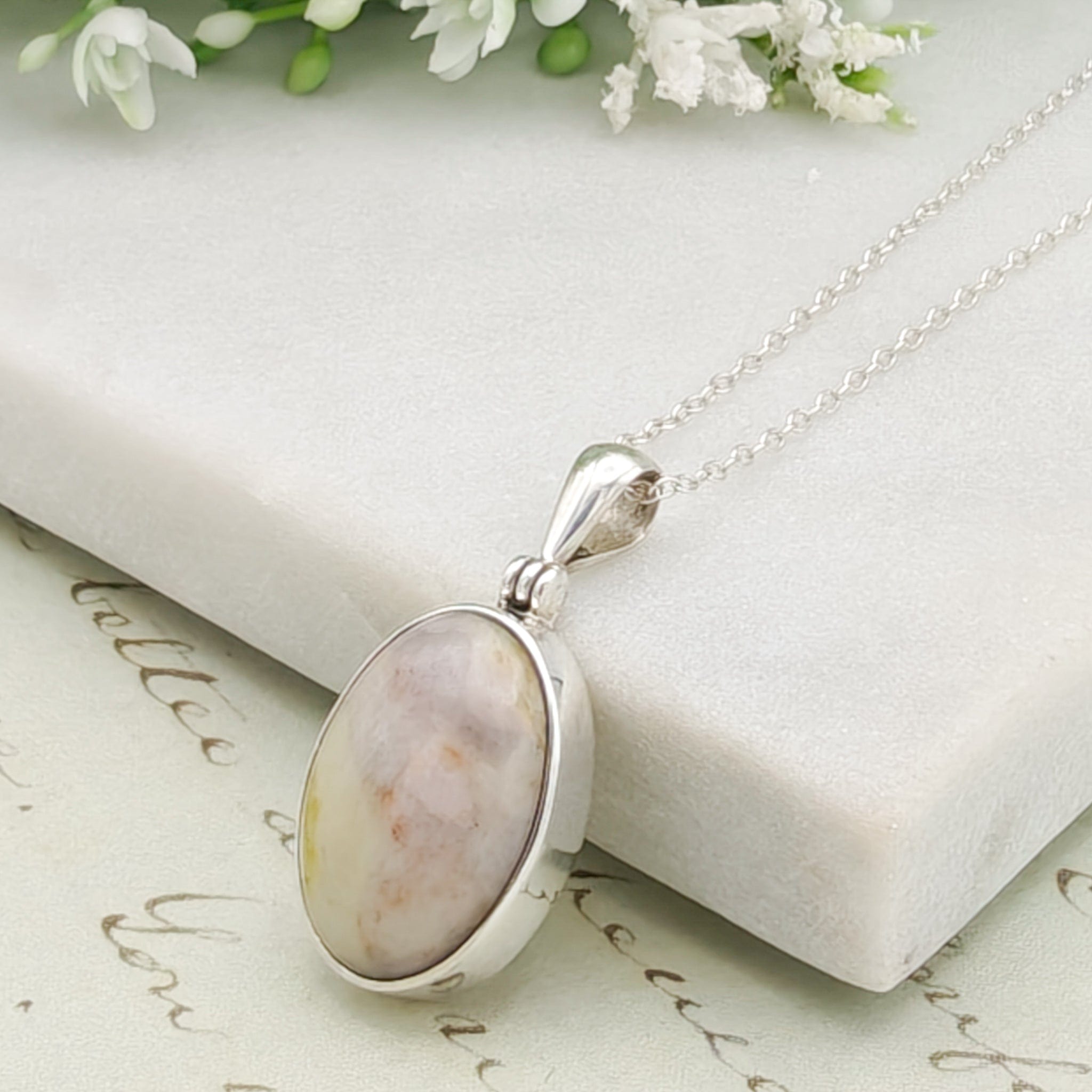 Hepburn & Hughes Isle of Skye Marble Pendant | Scottish Gift | 18mm White and Grey Oval Stones | Five options | Sterling Silver