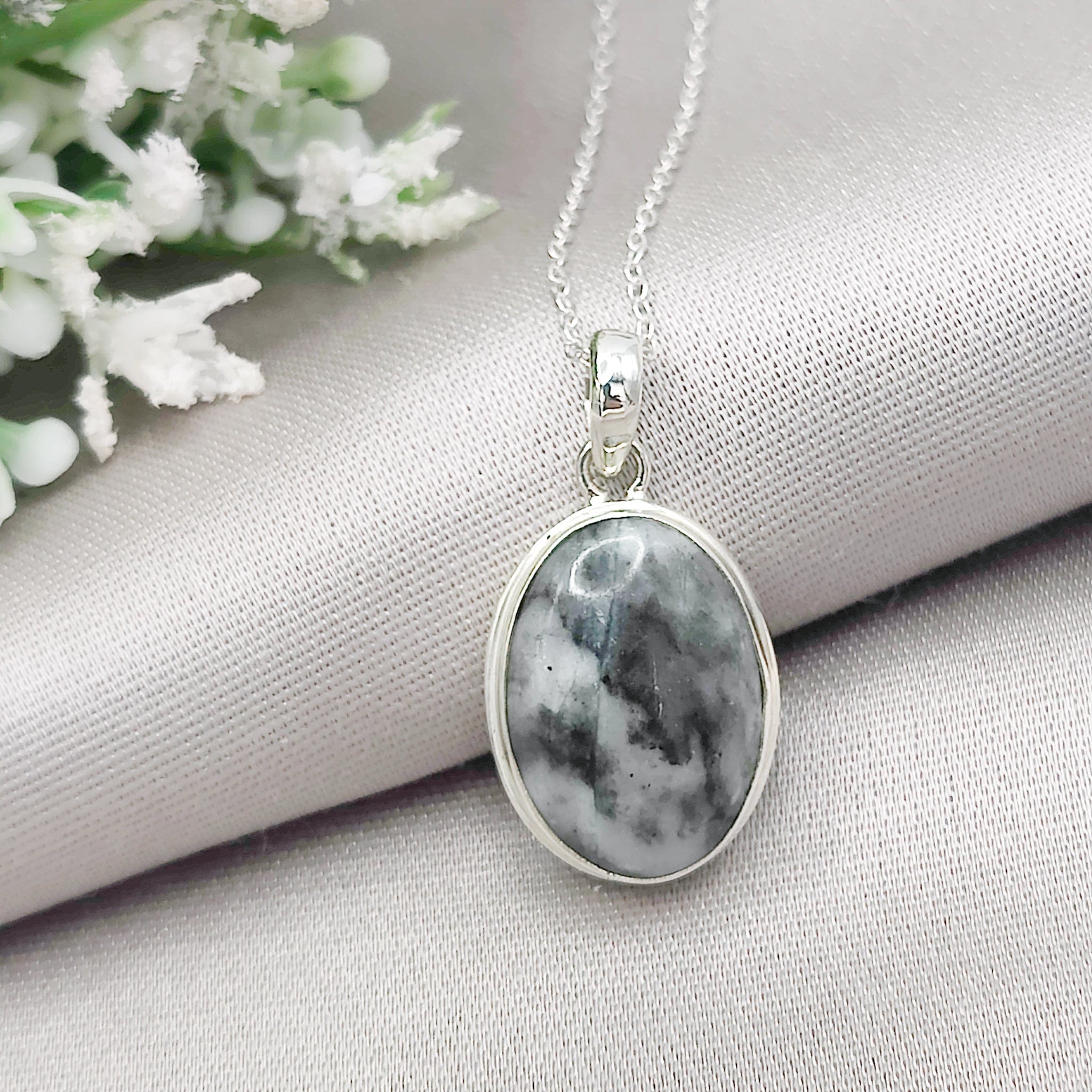 Hepburn & Hughes Isle of Skye Marble Pendant | Scottish Gift | 18mm White and Grey Oval Stones | Five options | Sterling Silver