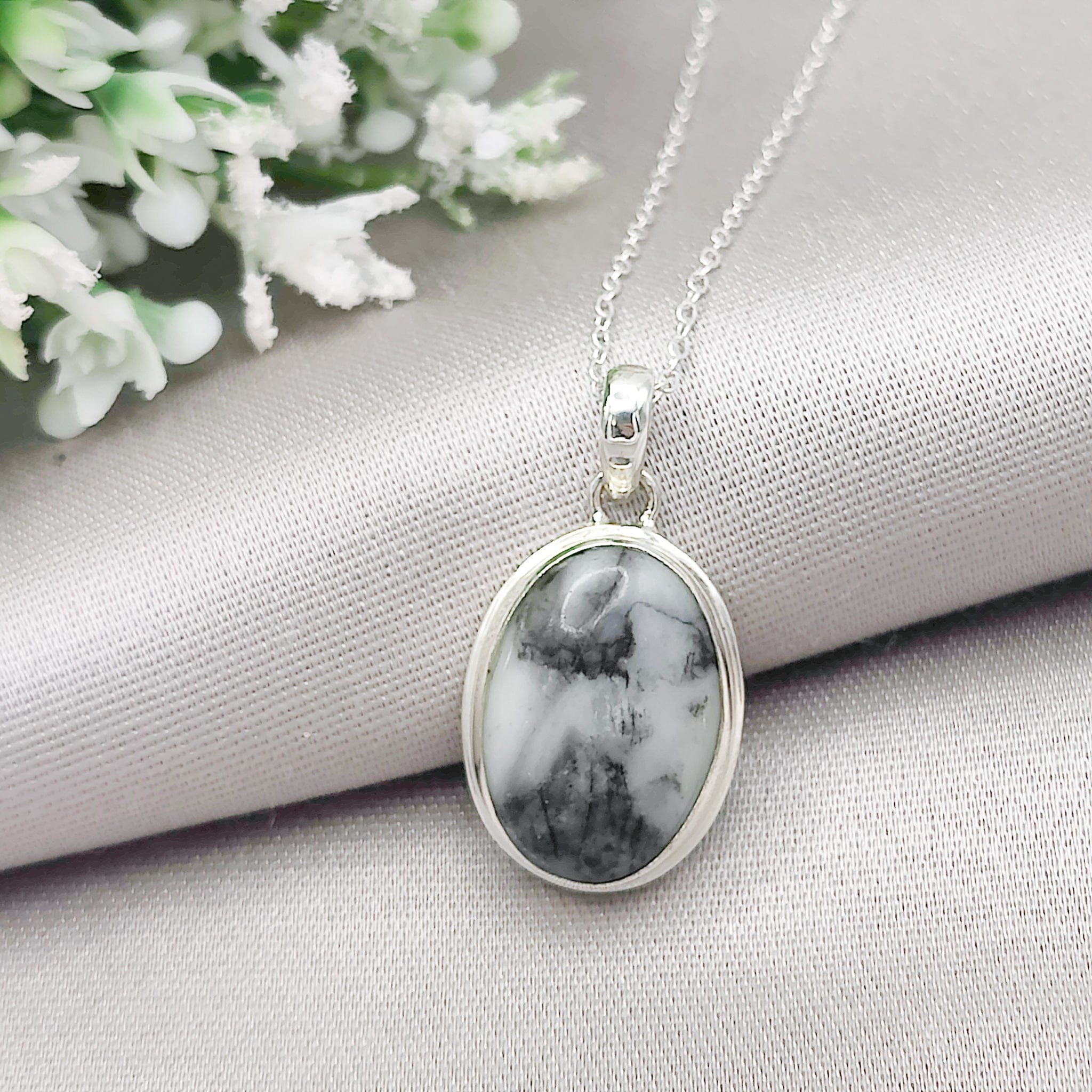 Hepburn & Hughes Isle of Skye Marble Pendant | Scottish Gift | 18mm White and Grey Oval Stones | Five options | Sterling Silver