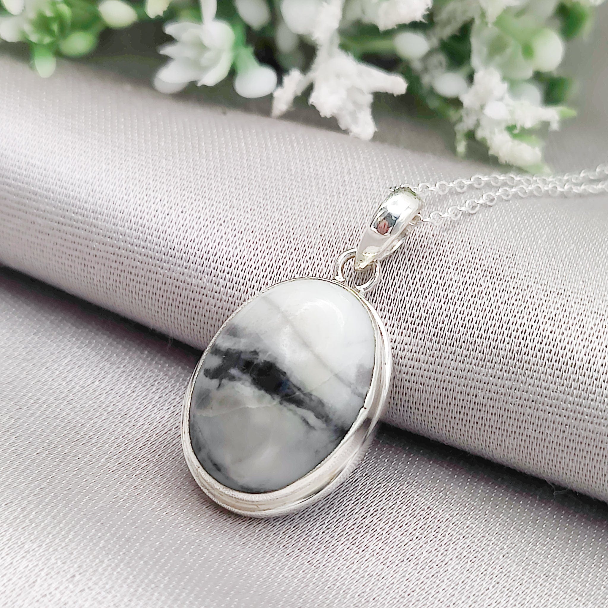 Hepburn & Hughes Isle of Skye Marble Pendant | Scottish Gift | 18mm White and Grey Oval Stones | Five options | Sterling Silver