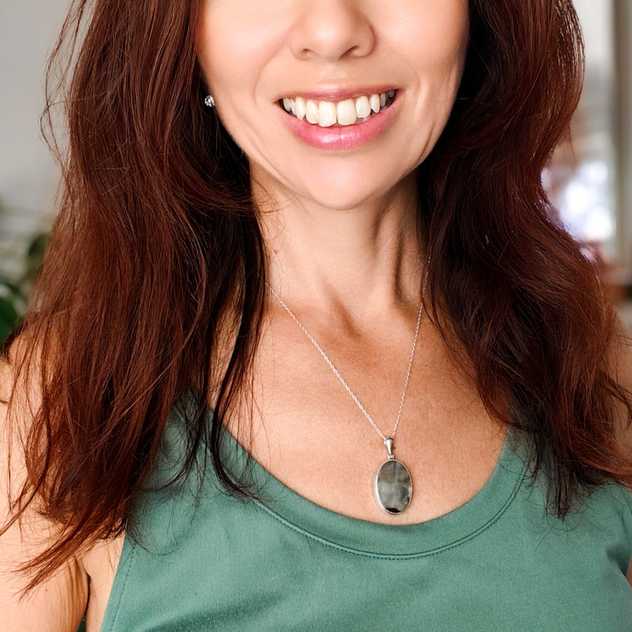 Hepburn & Hughes Isle of Skye Marble Pendant | Scottish Gift | 25mm Oval Grey Stone | Sterling Silver