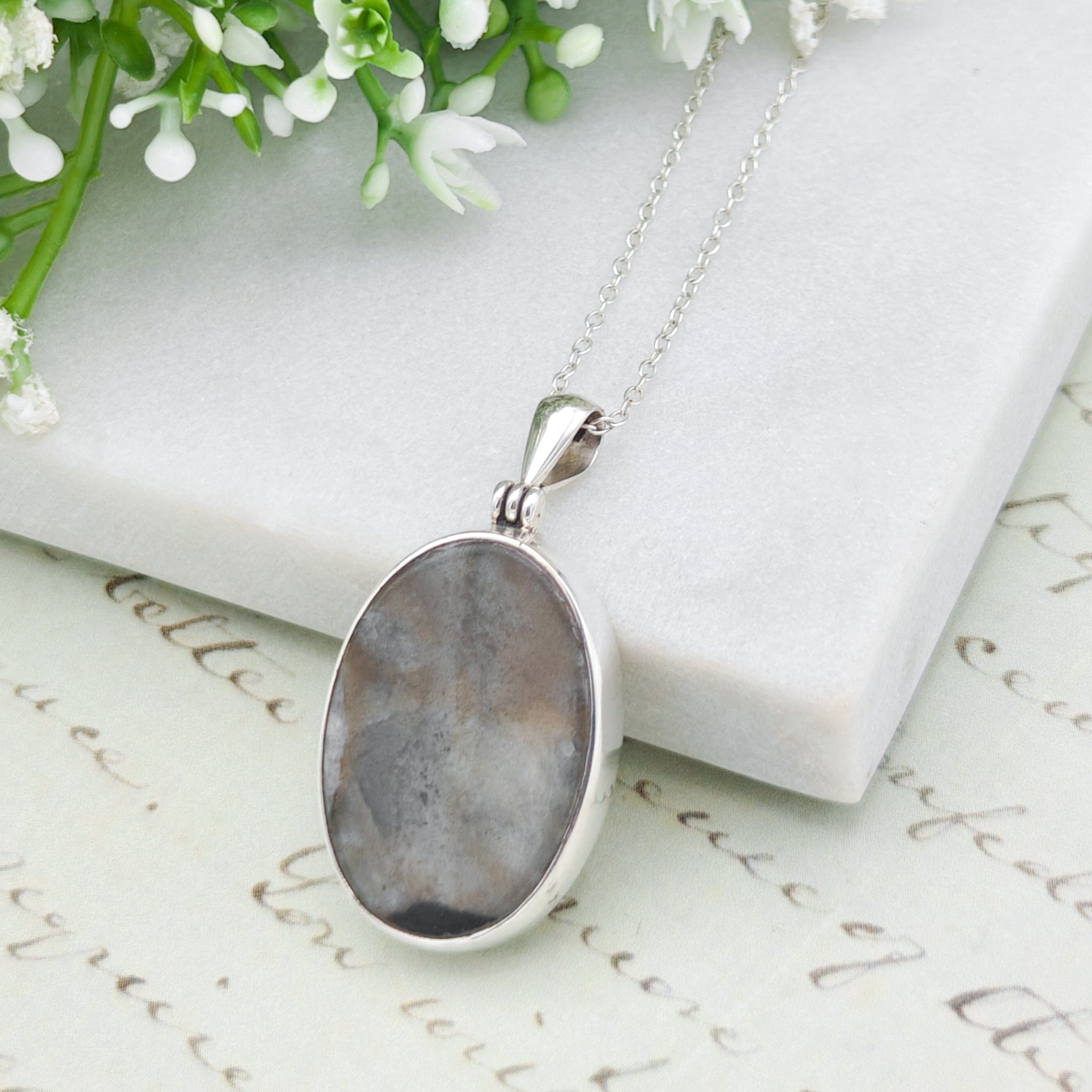 Hepburn & Hughes Isle of Skye Marble Pendant | Scottish Gift | 25mm Oval Grey Stone | Sterling Silver