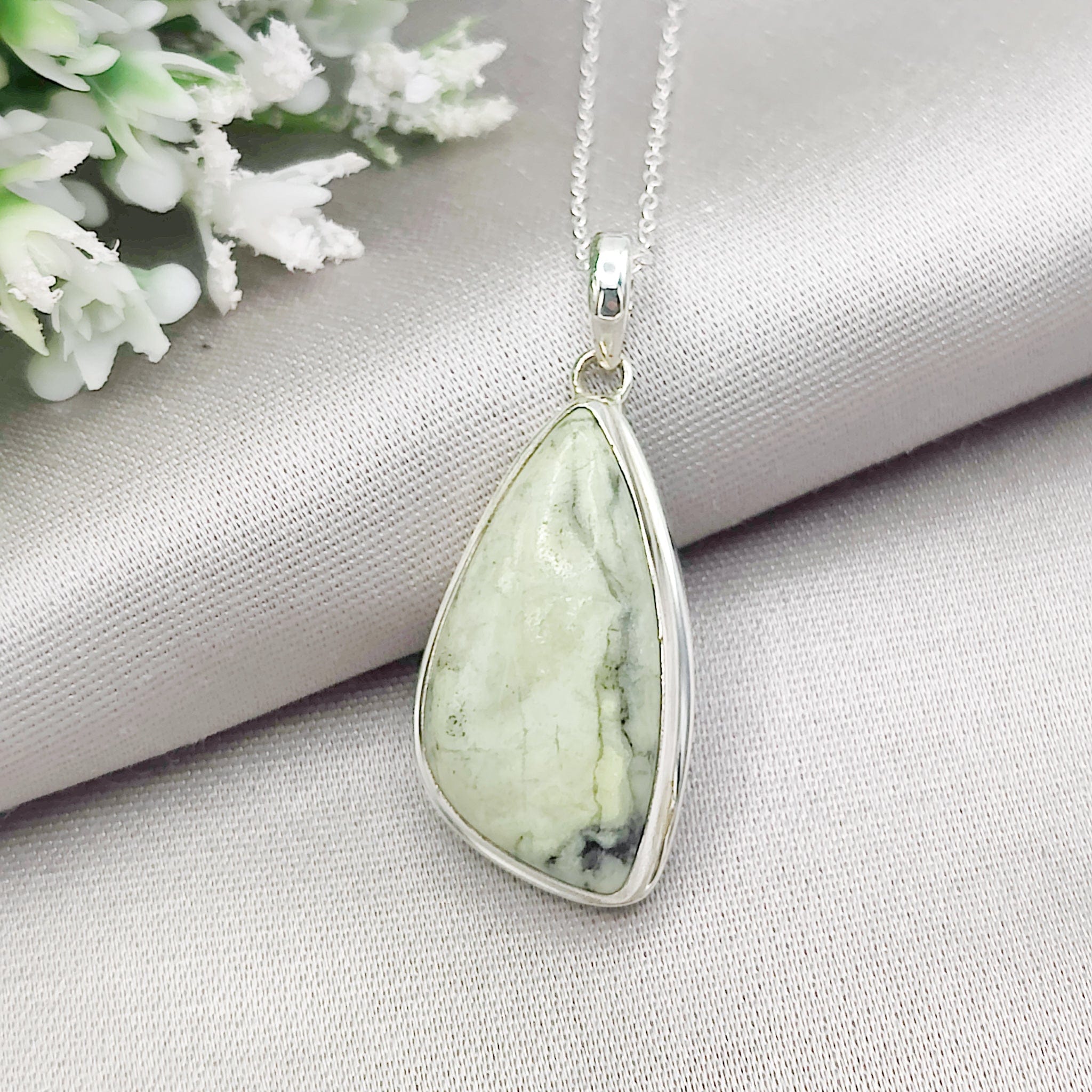 Hepburn & Hughes Isle of Skye Marble Pendant | Scottish Gift | 30mm Pale Green Stone | Sterling Silver