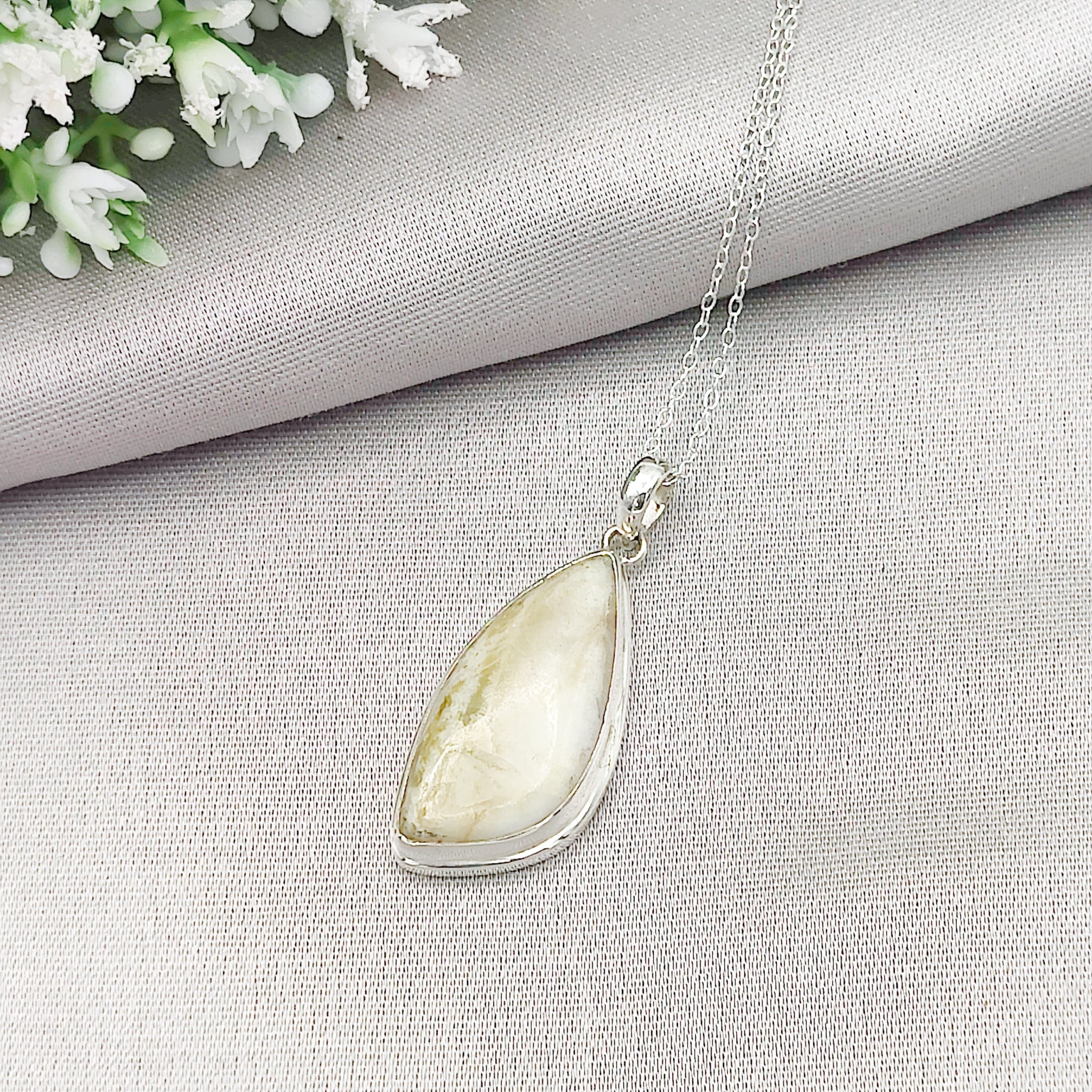 Hepburn & Hughes Isle of Skye Marble Pendant | Scottish Gift | 30mm Pale Green Stone | Sterling Silver