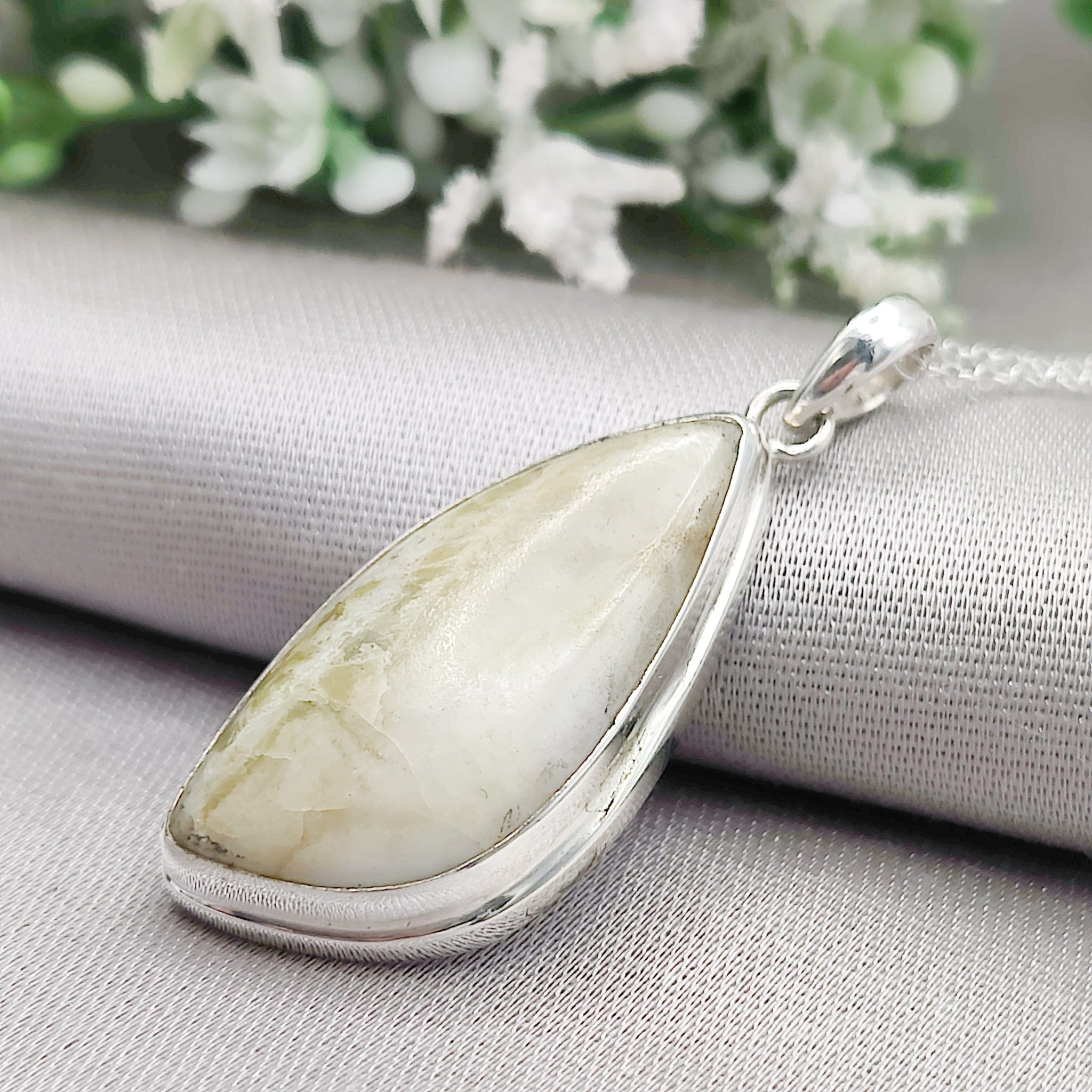 Hepburn & Hughes Isle of Skye Marble Pendant | Scottish Gift | 30mm Pale Green Stone | Sterling Silver