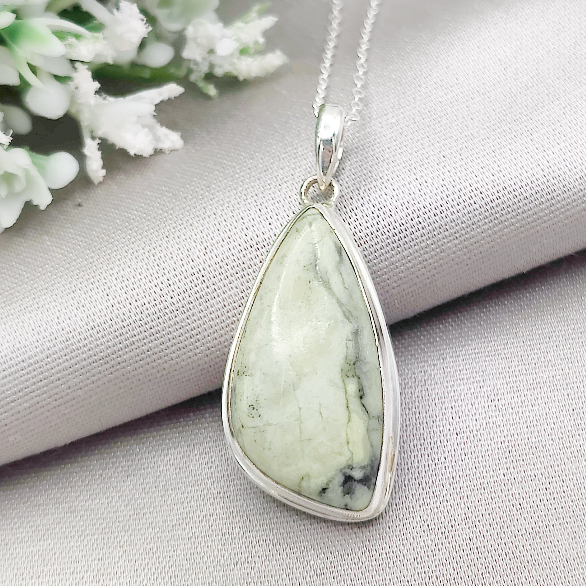 Hepburn & Hughes Isle of Skye Marble Pendant | Scottish Gift | 30mm Pale Green Stone | Sterling Silver