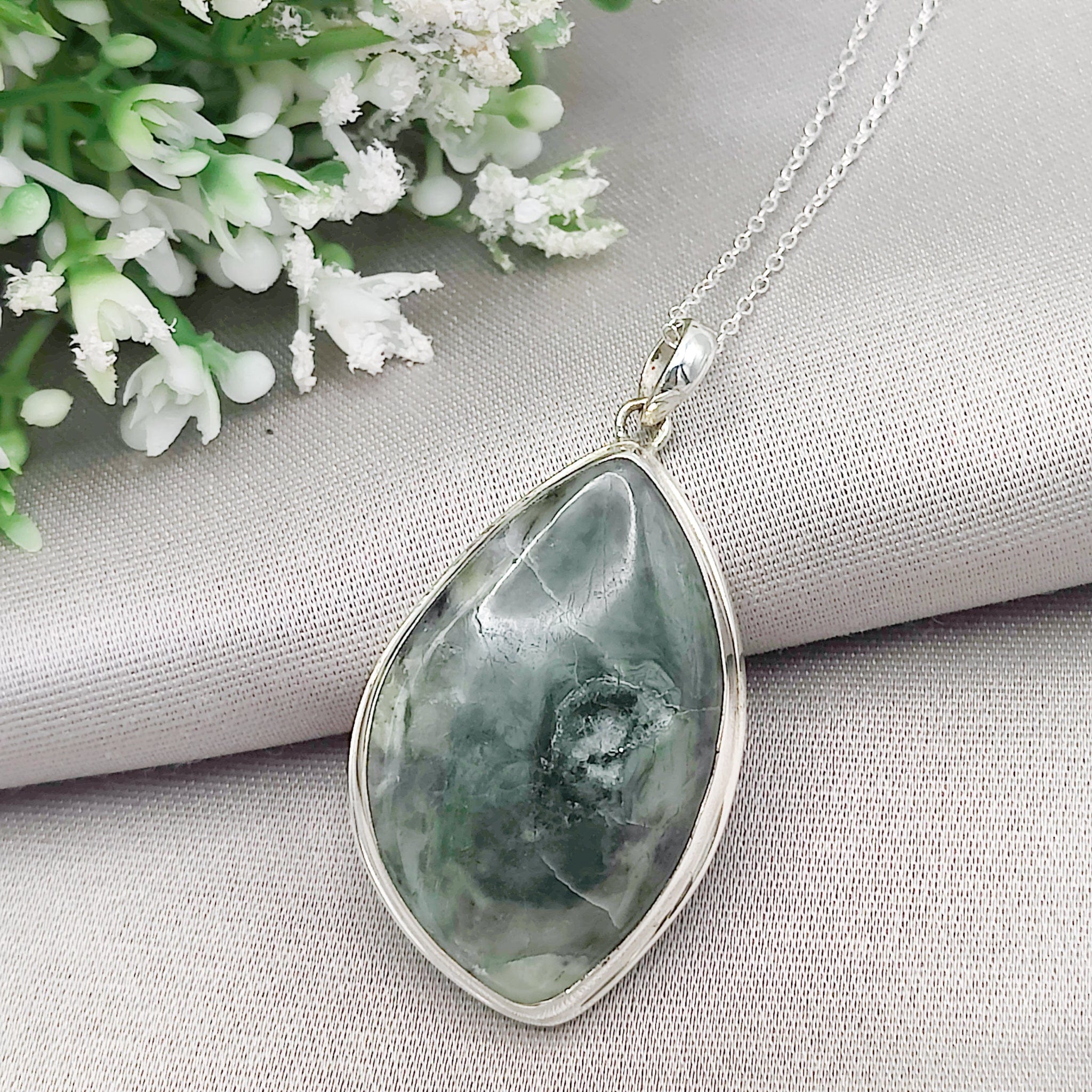 Hepburn & Hughes Isle of Skye Marble Pendant | Scottish Gift | 35mm Green Stone | Sterling Silver