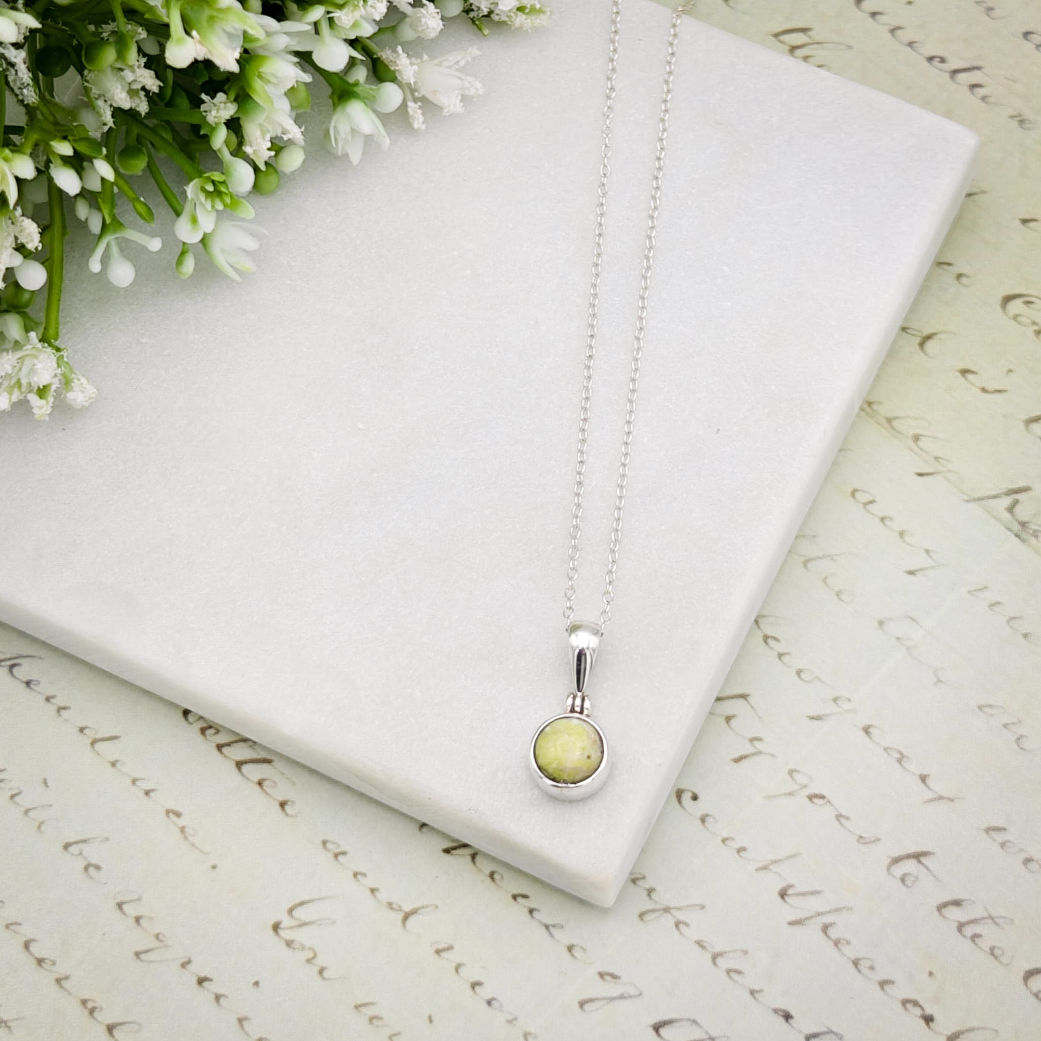 Hepburn and Hughes Isle of Skye Marble Pendant | Scottish Gift | 8mm Round Stones | Sterling Silver