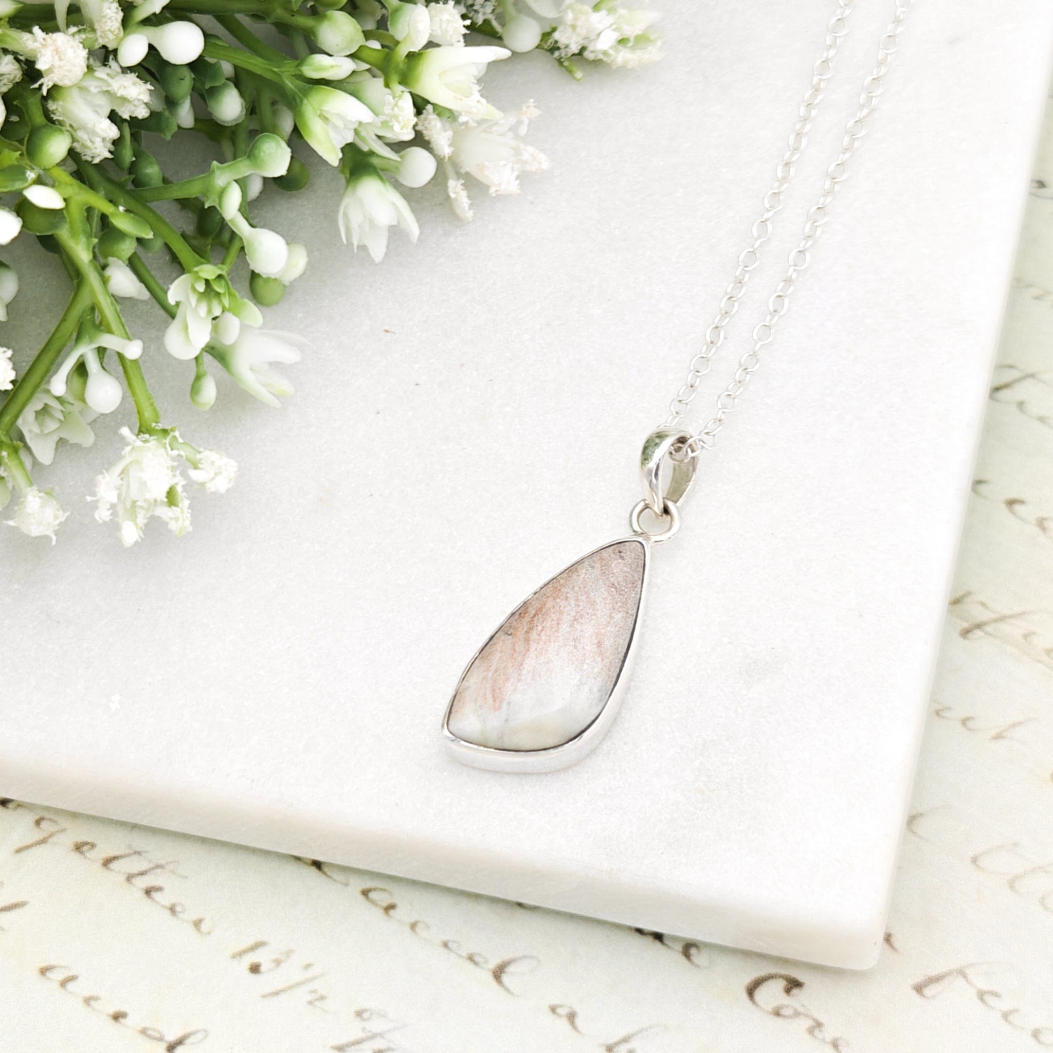 Hepburn and Hughes Isle of Skye Marble Pendant | Scottish Gift | Pink Shades Stone | Sterling Silver