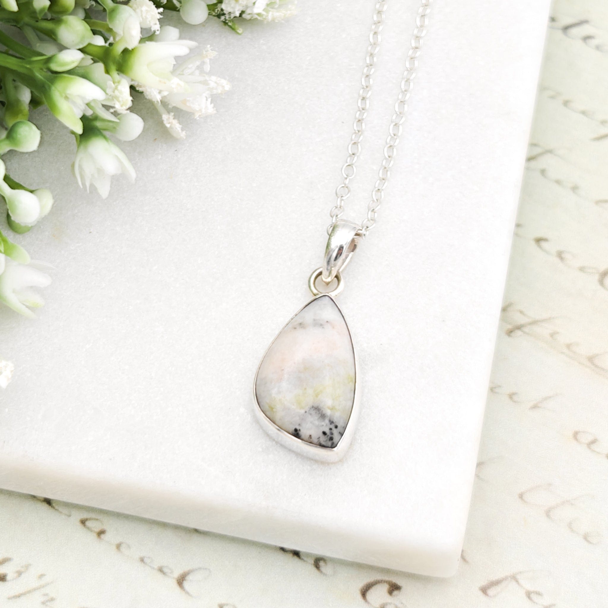 Hepburn and Hughes Isle of Skye Marble Pendant | Scottish Gift | Pink Shades Stone | Sterling Silver