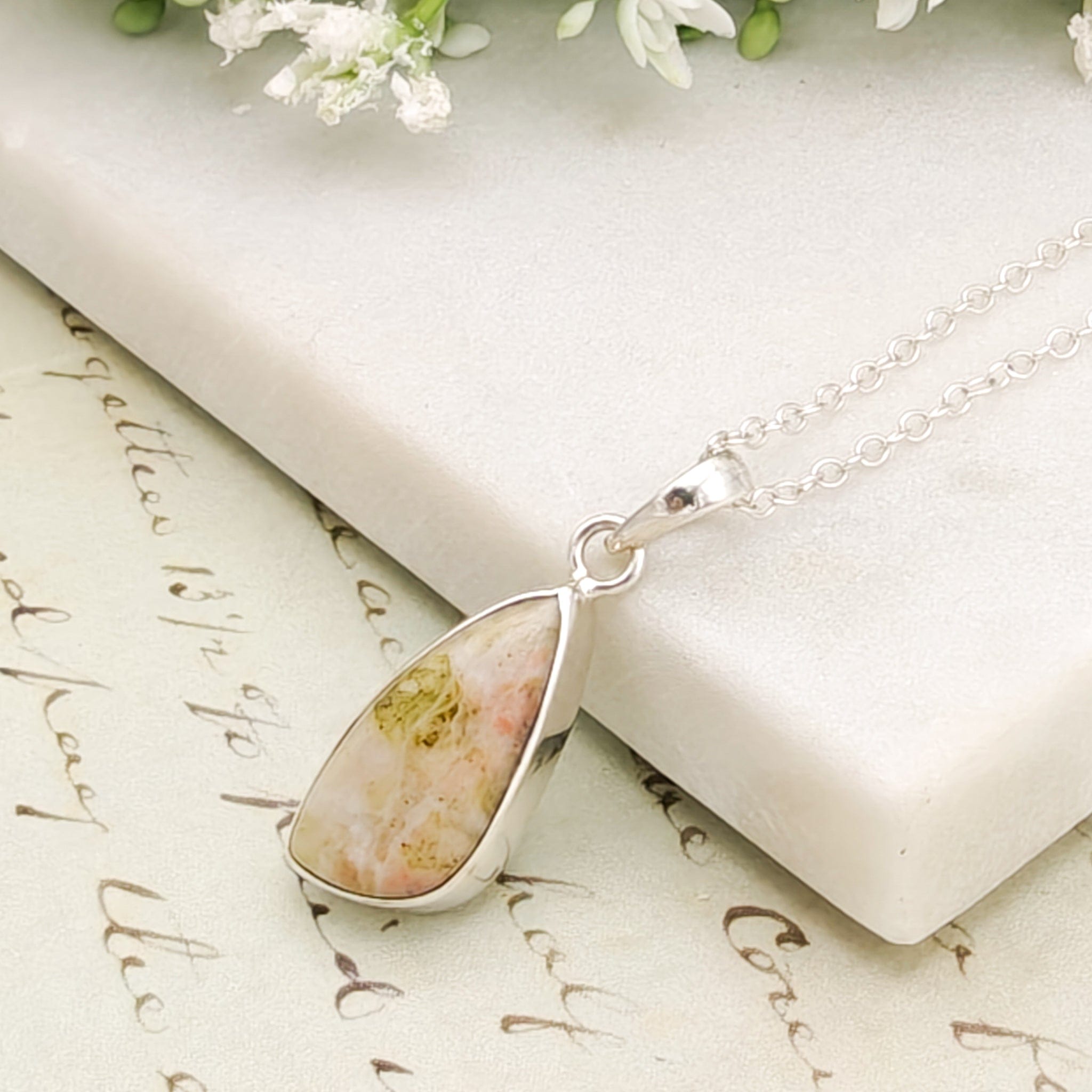 Hepburn and Hughes Isle of Skye Marble Pendant | Scottish Gift | Pink Shades Stone | Sterling Silver