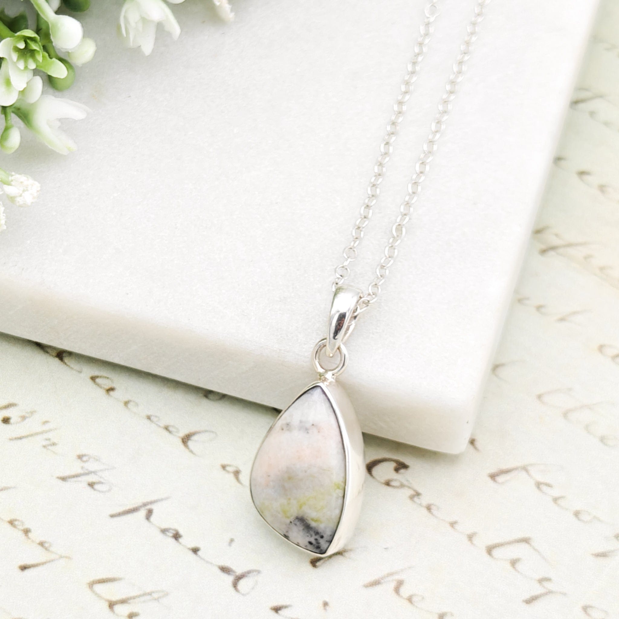 Hepburn and Hughes Isle of Skye Marble Pendant | Scottish Gift | Pink Shades Stone | Sterling Silver