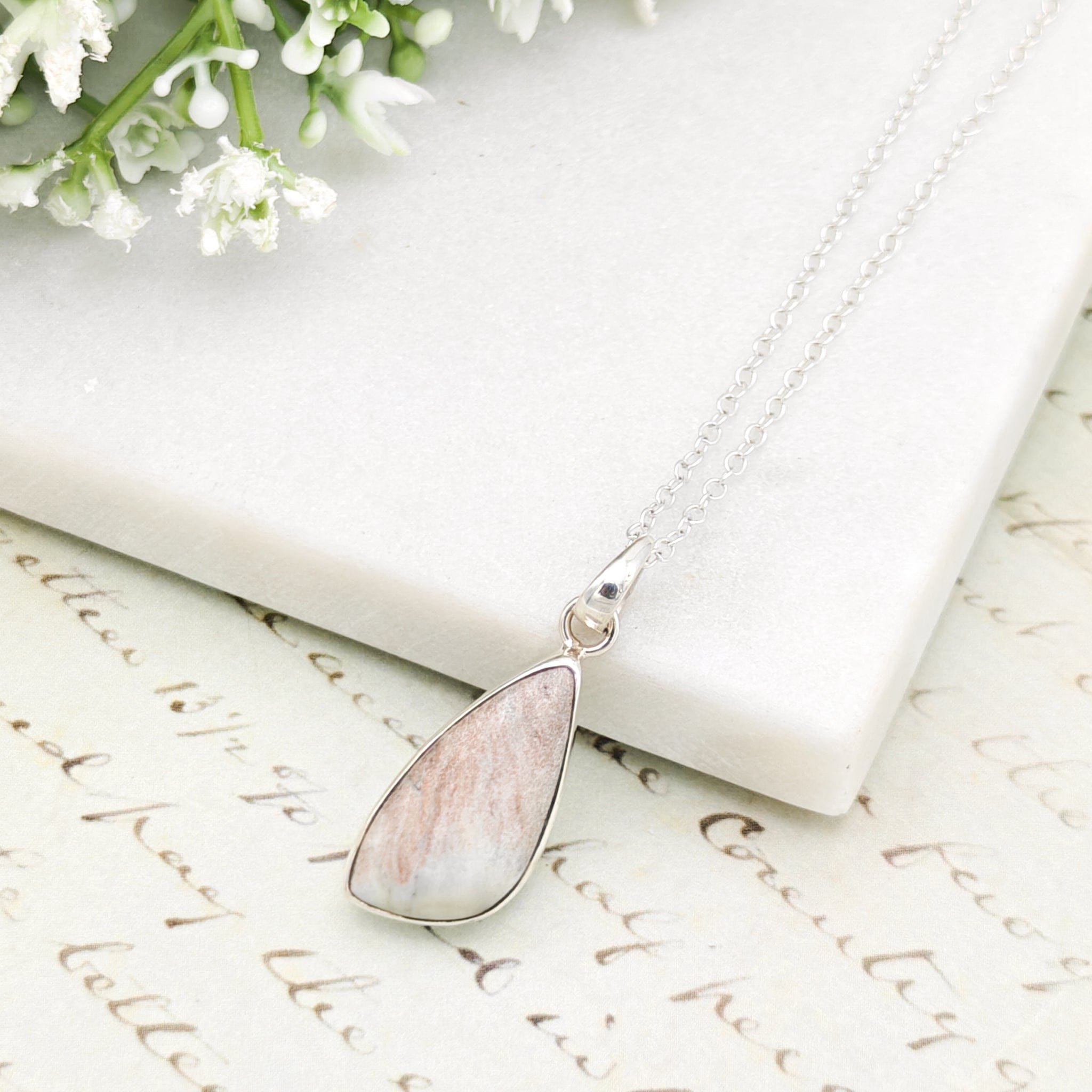 Hepburn and Hughes Isle of Skye Marble Pendant | Scottish Gift | Pink Shades Stone | Sterling Silver