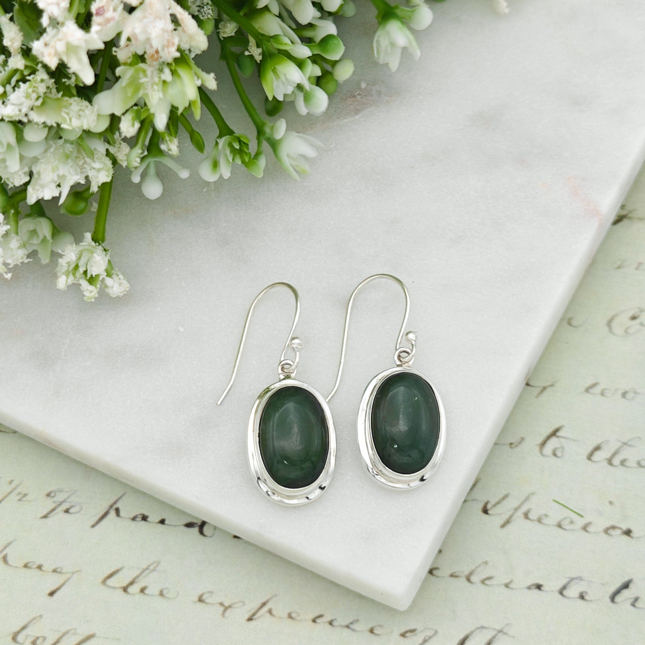 Hepburn and Hughes Jade 15mm Oval Earrings | Green Gemstone | 35th Anniversary | Sterling Silver