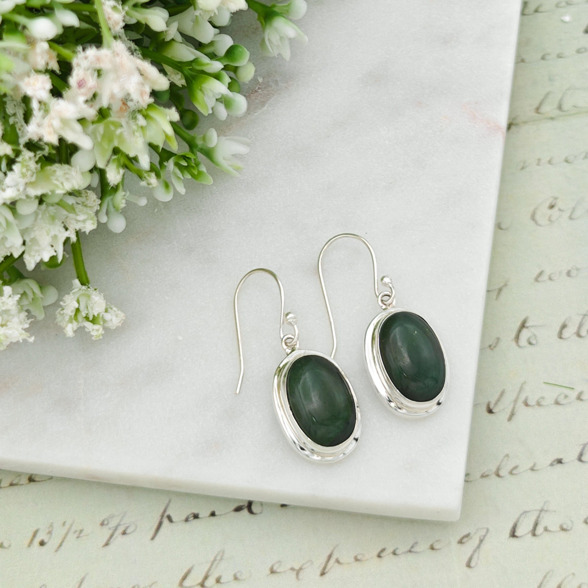 Hepburn and Hughes Jade 15mm Oval Earrings | Green Gemstone | 35th Anniversary | Sterling Silver