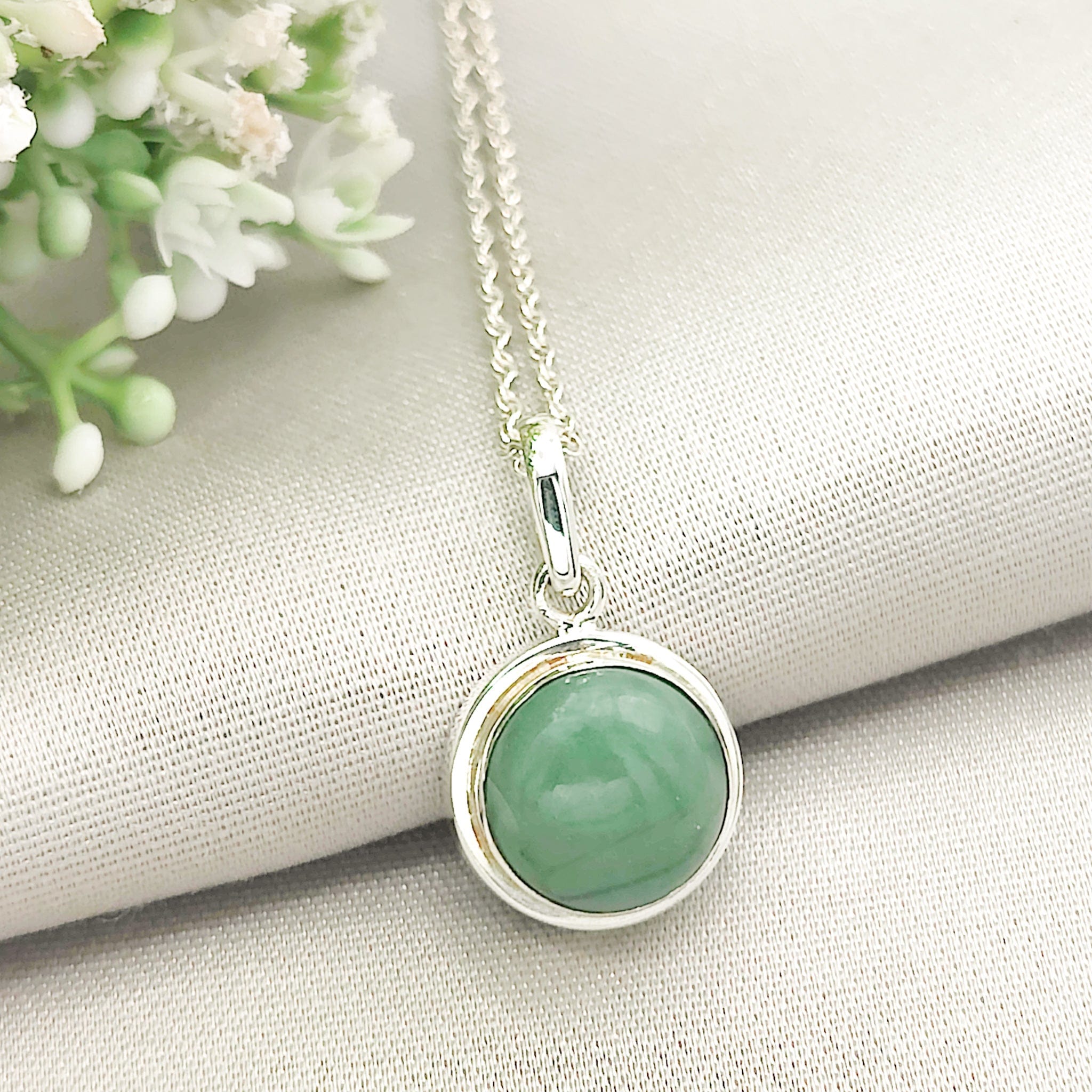 Hepburn and Hughes Jade Pendant | 12mm Round | 35th Anniversary | Sterling Silver