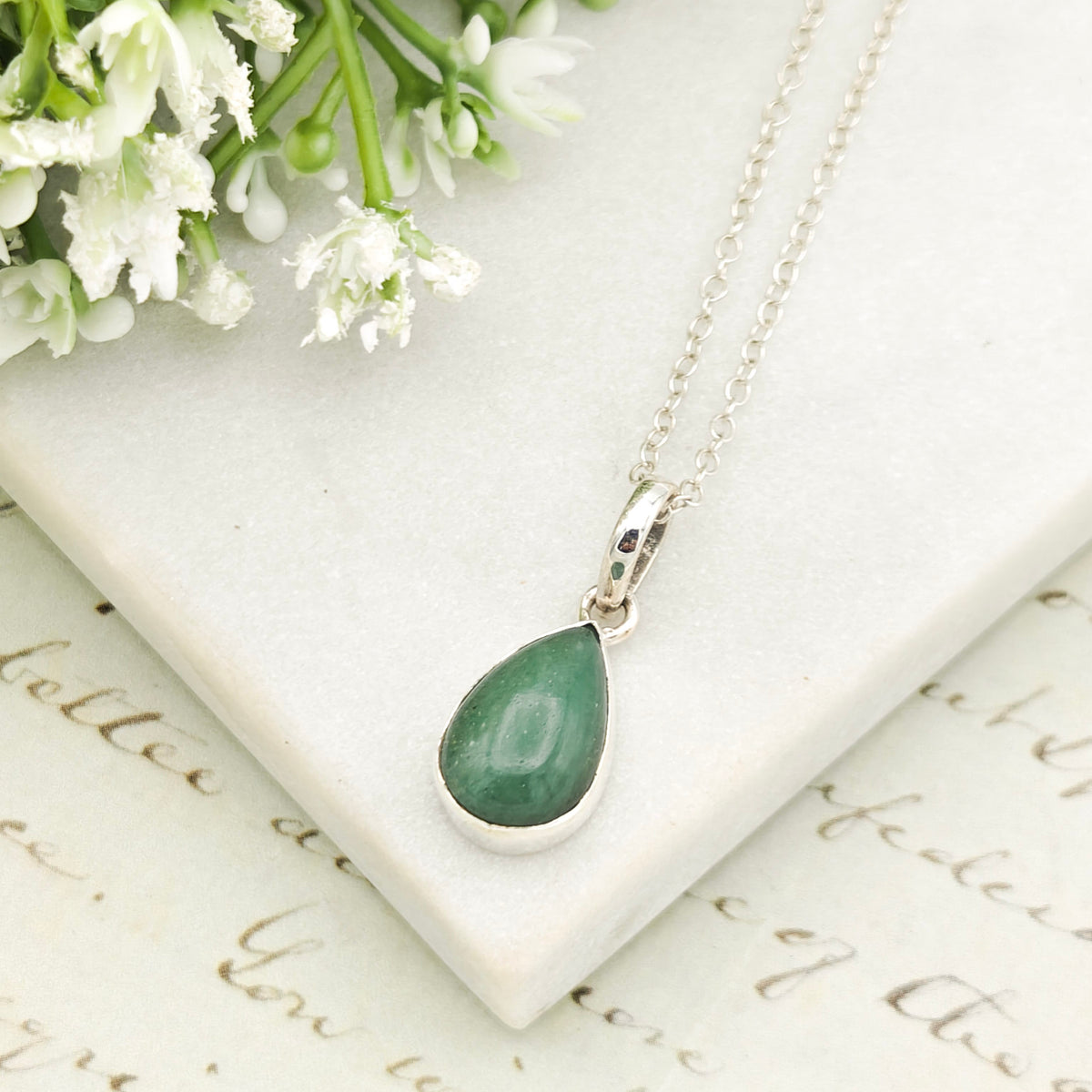 Hepburn and Hughes Jade Pendant | 15mm Teardrop | 35th Anniversary | Sterling Silver