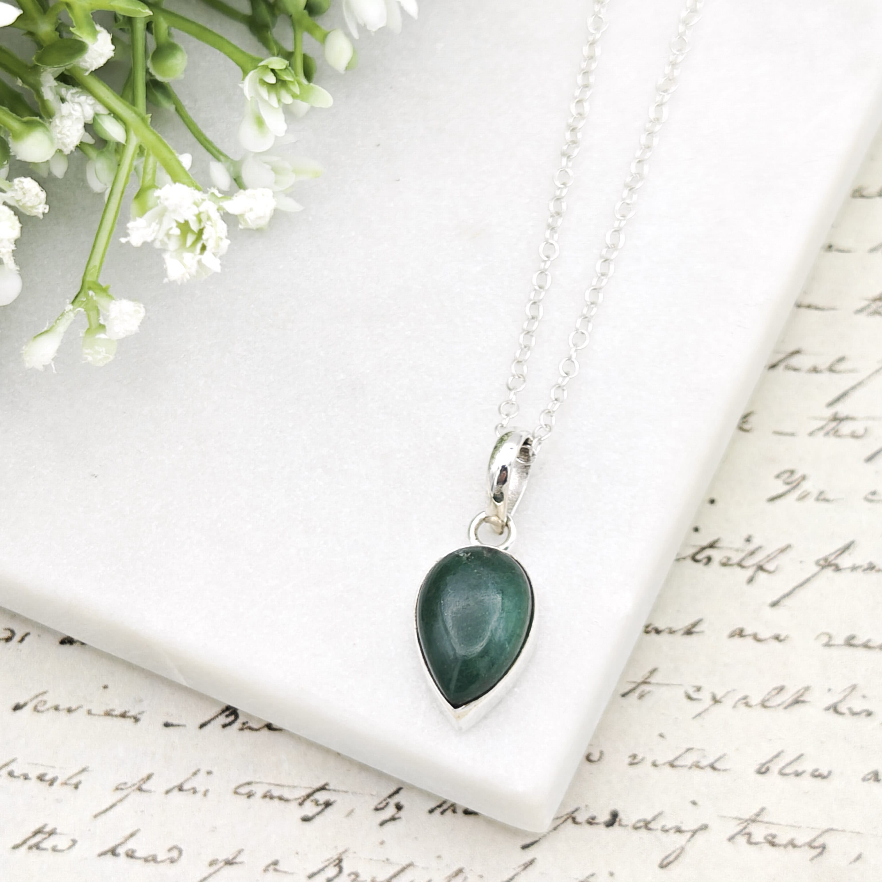 Hepburn and Hughes Jade Pendant | 15mm Teardrop | 35th Anniversary | Sterling Silver