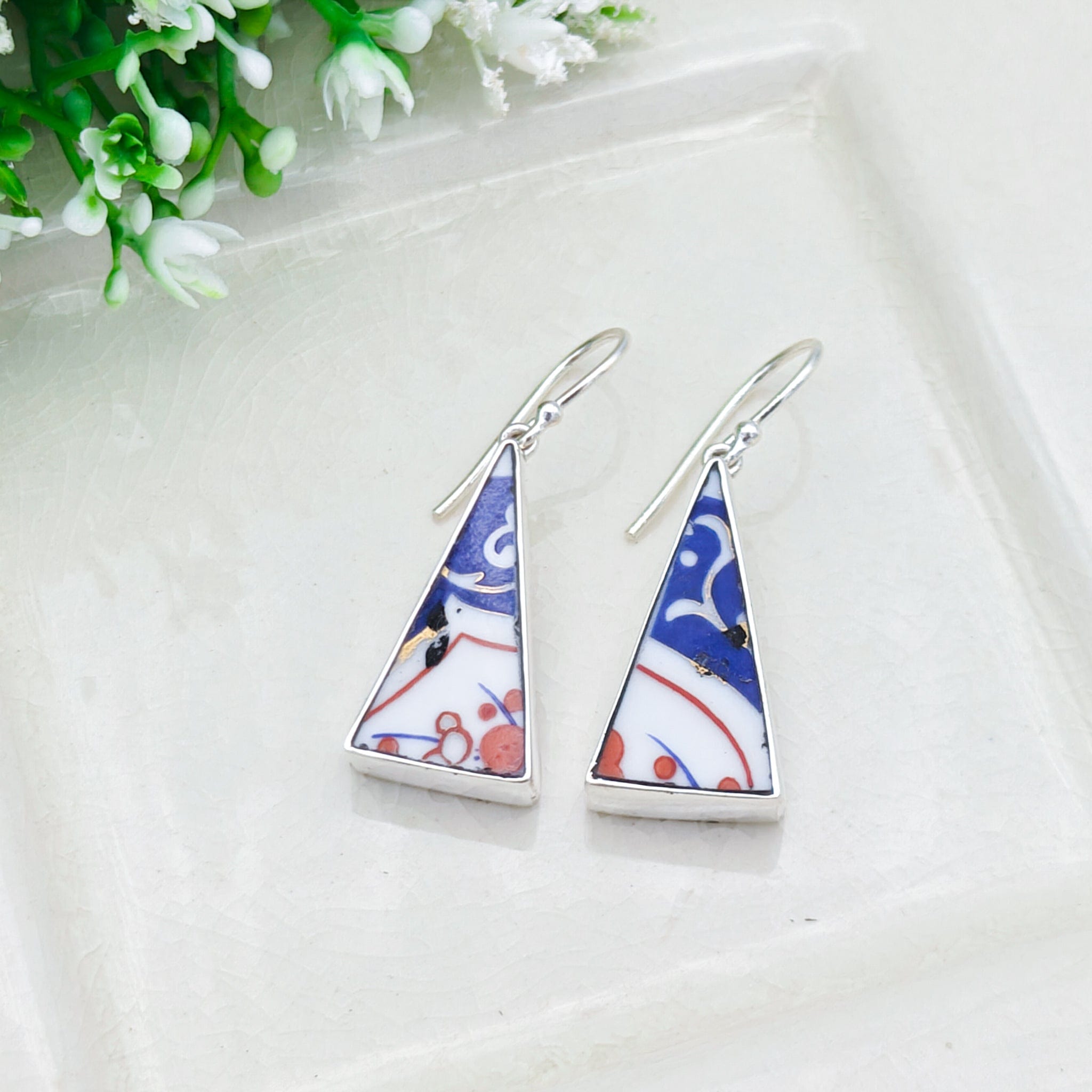 Hepburn & Hughes Japanese Imari Earrings | Upcycled Porcelain Jewellery | Sterling Silver