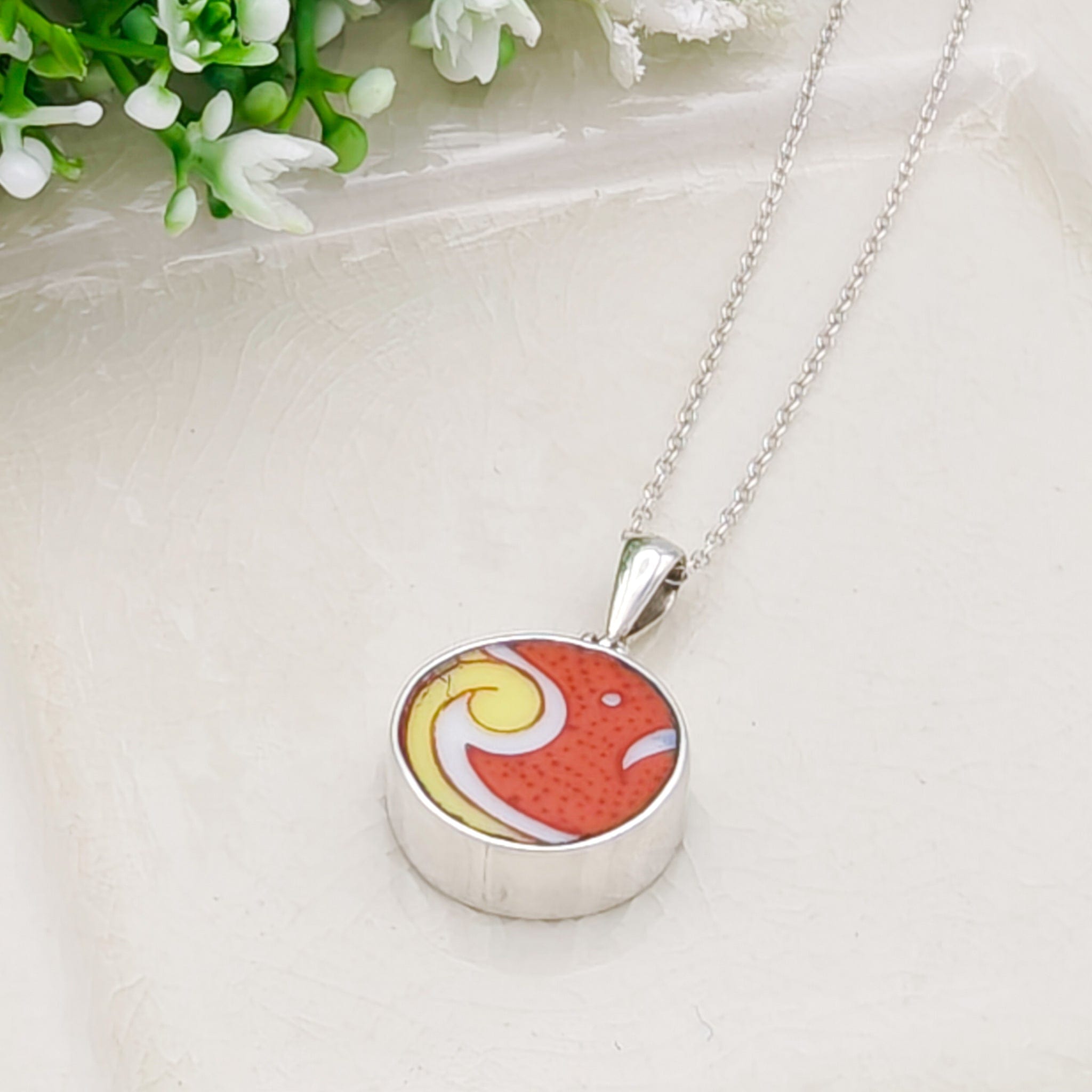 Hepburn & Hughes Japanese Imari Pendant | 15mm circle | 18th Wedding Anniversary | Sterling Silver