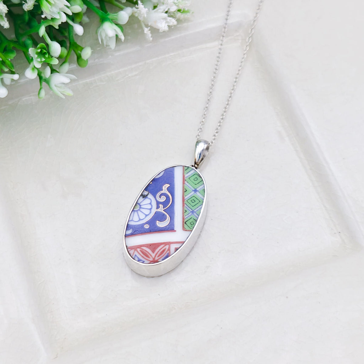 Hepburn and Hughes Japanese Imari Pendant | 30mm Oval Porcelain | 18th Wedding anniversary | Sterling Silver