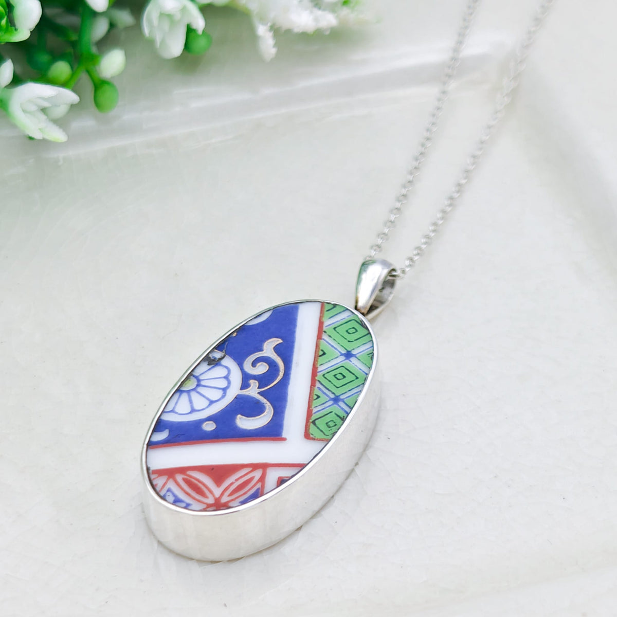 Hepburn and Hughes Japanese Imari Pendant | 30mm Oval Porcelain | 18th Wedding anniversary | Sterling Silver