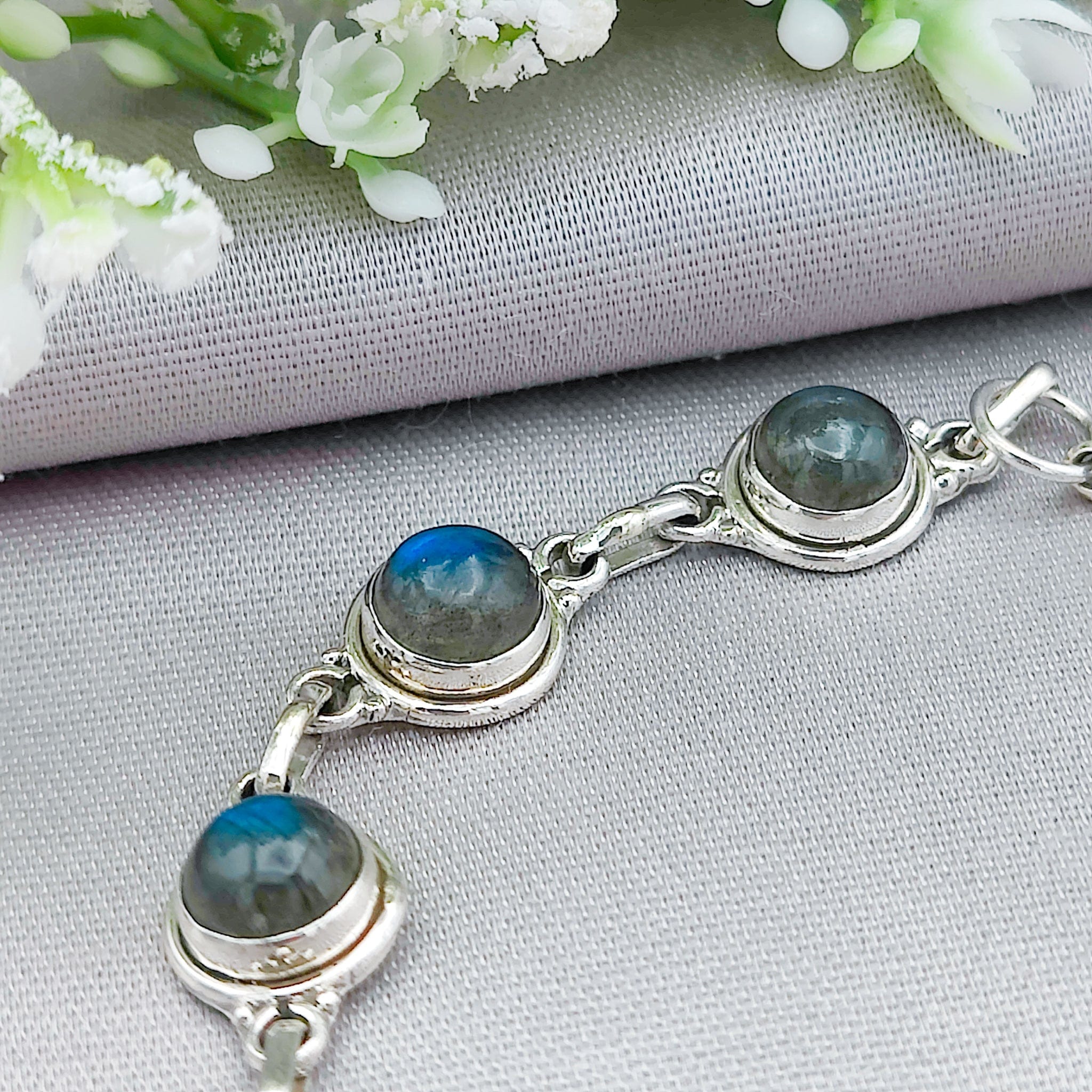 Hepburn and Hughes Labradorite Bracelet | 7 x circles | Gemstone Gift | Sterling Silver