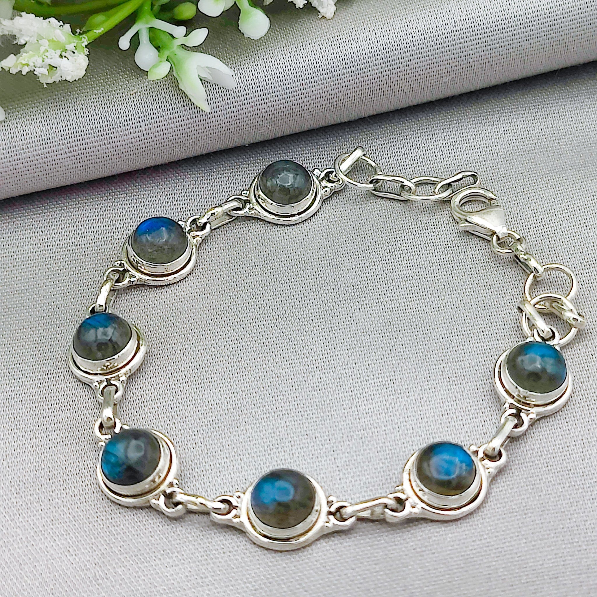 Hepburn and Hughes Labradorite Bracelet | 7 x circles | Gemstone Gift | Sterling Silver