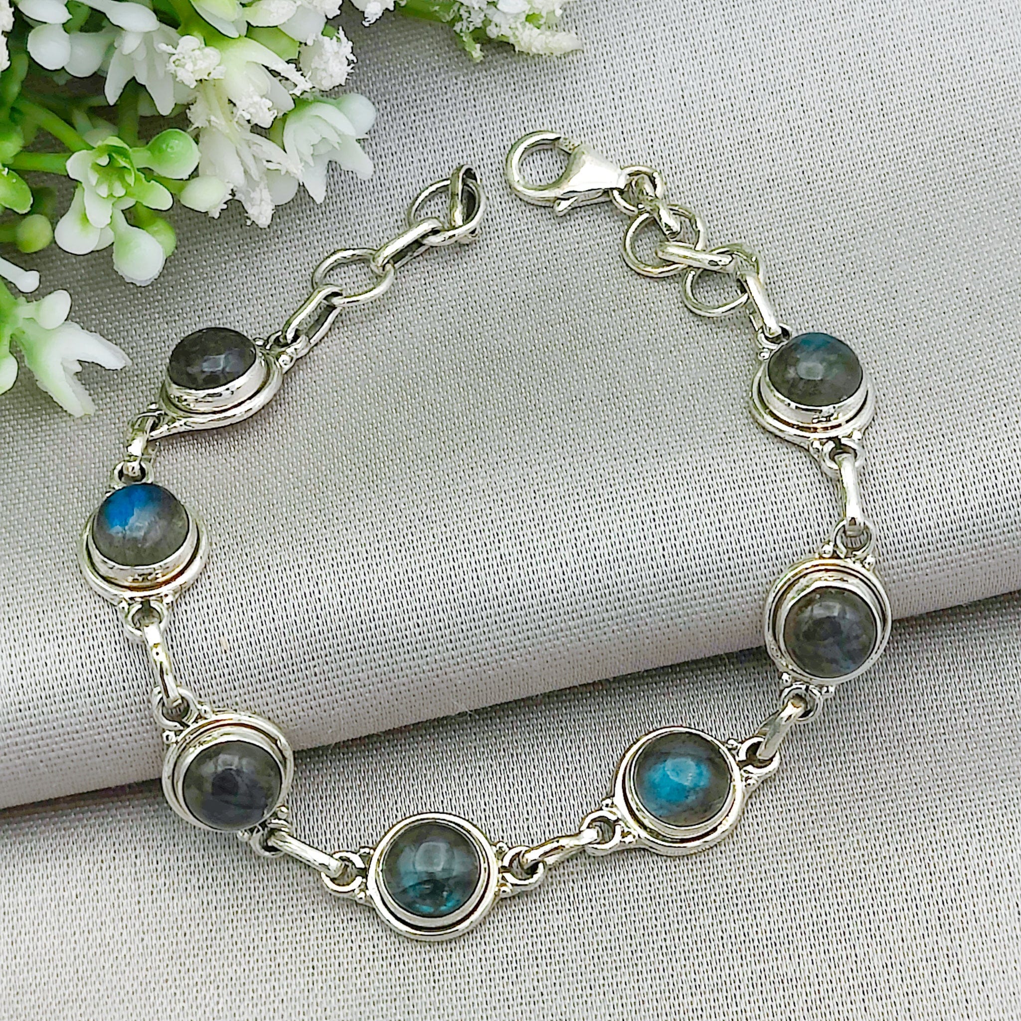 Hepburn and Hughes Labradorite Bracelet | 7 x circles | Gemstone Gift | Sterling Silver