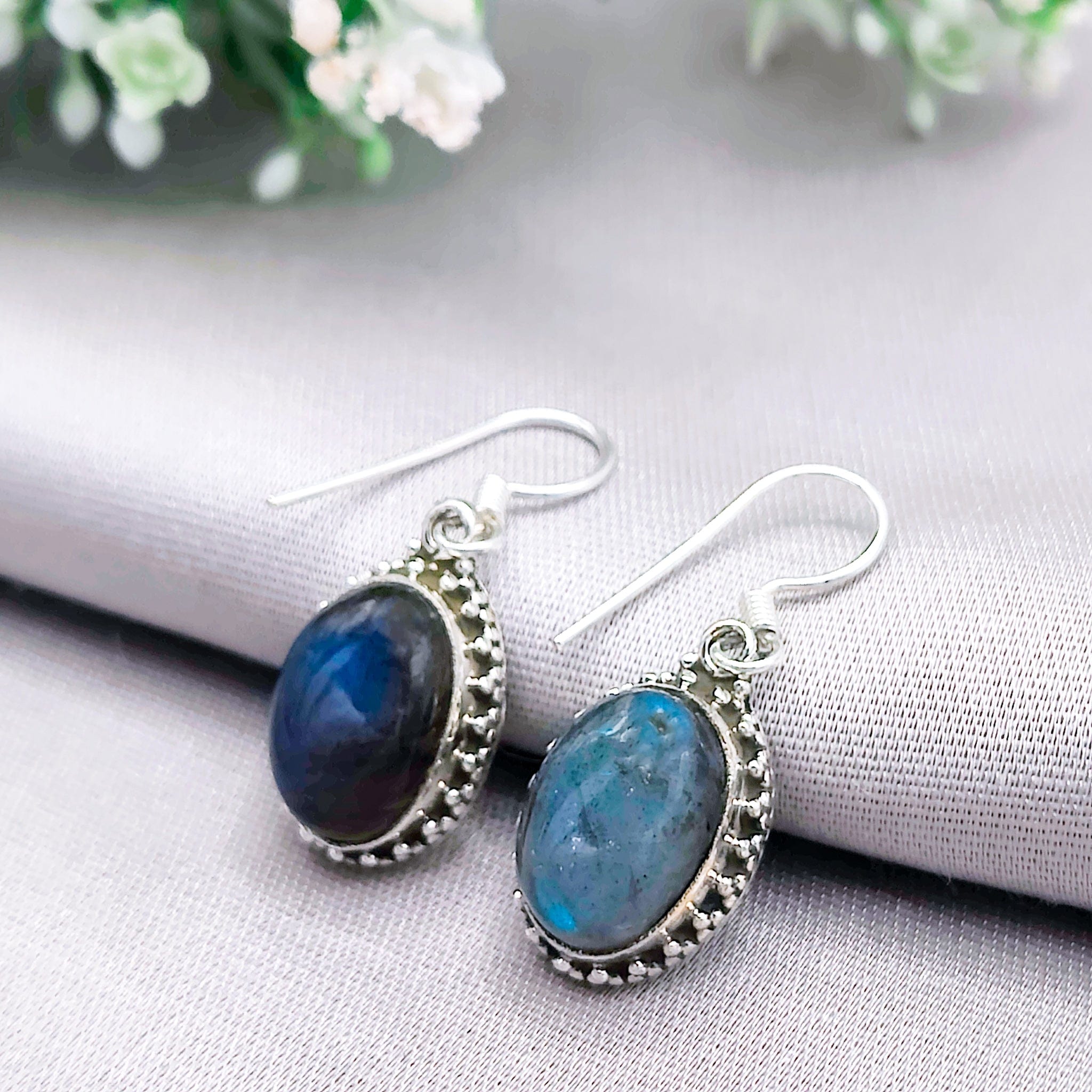 Hepburn and Hughes Labradorite Earrings | Ornate Oval | Sterling Silver