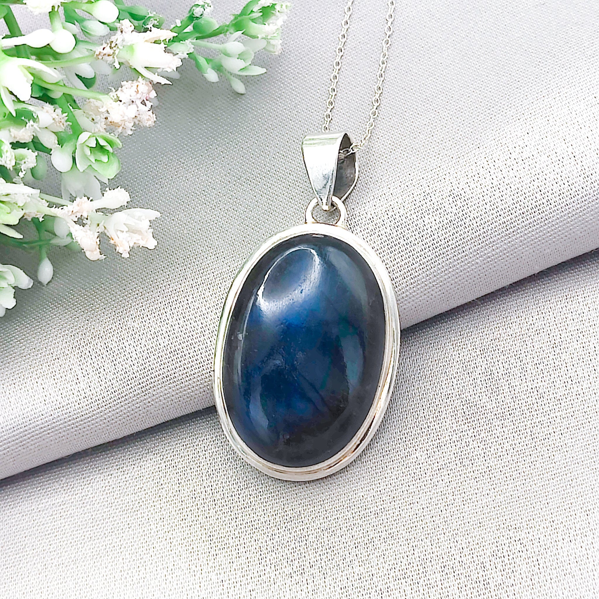 Hepburn and Hughes Labradorite Pendant | 35mm Oval | Sterling Silver