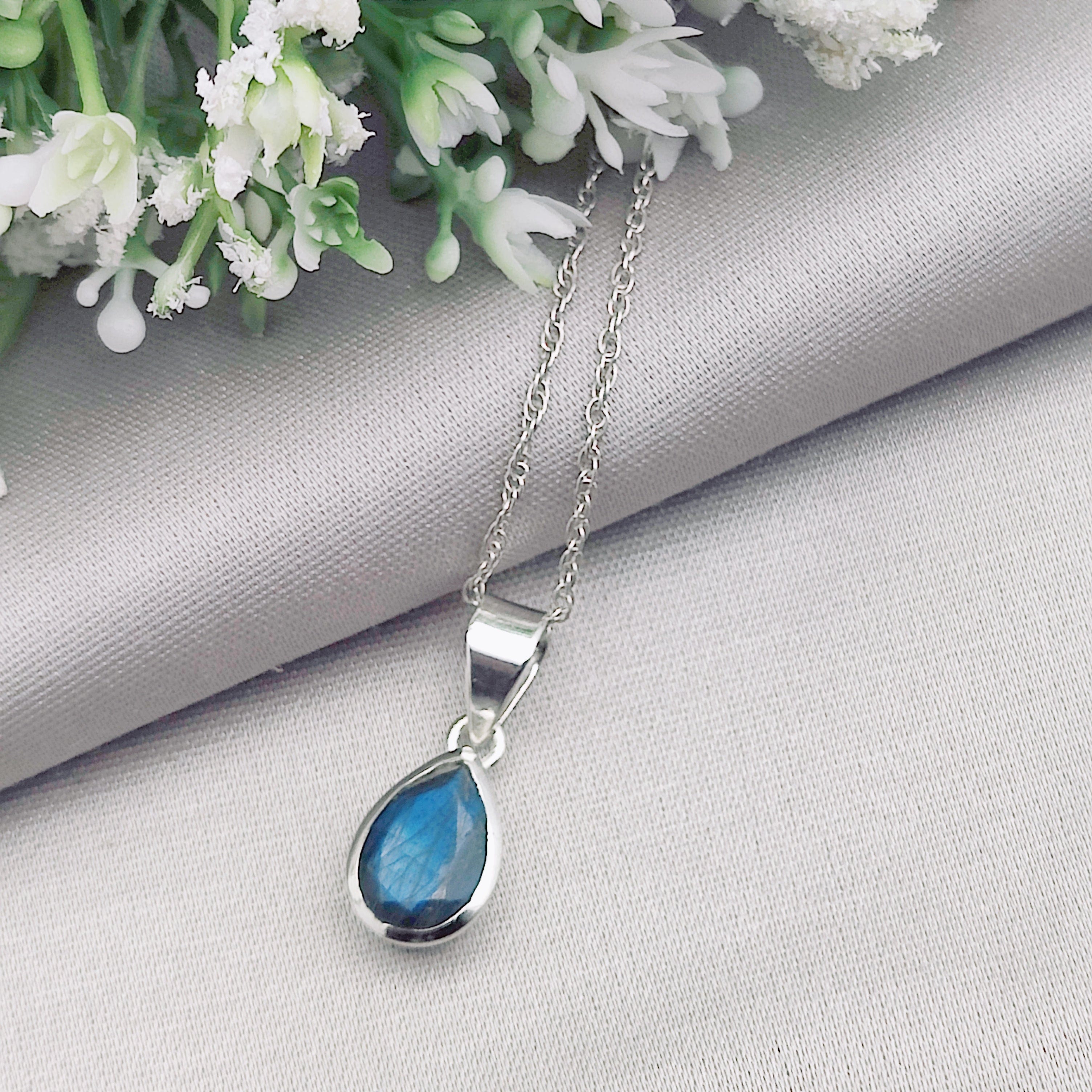 Hepburn and Hughes Labradorite Pendant | Small Teardrop | Blue Gemstone | Sterling Silver