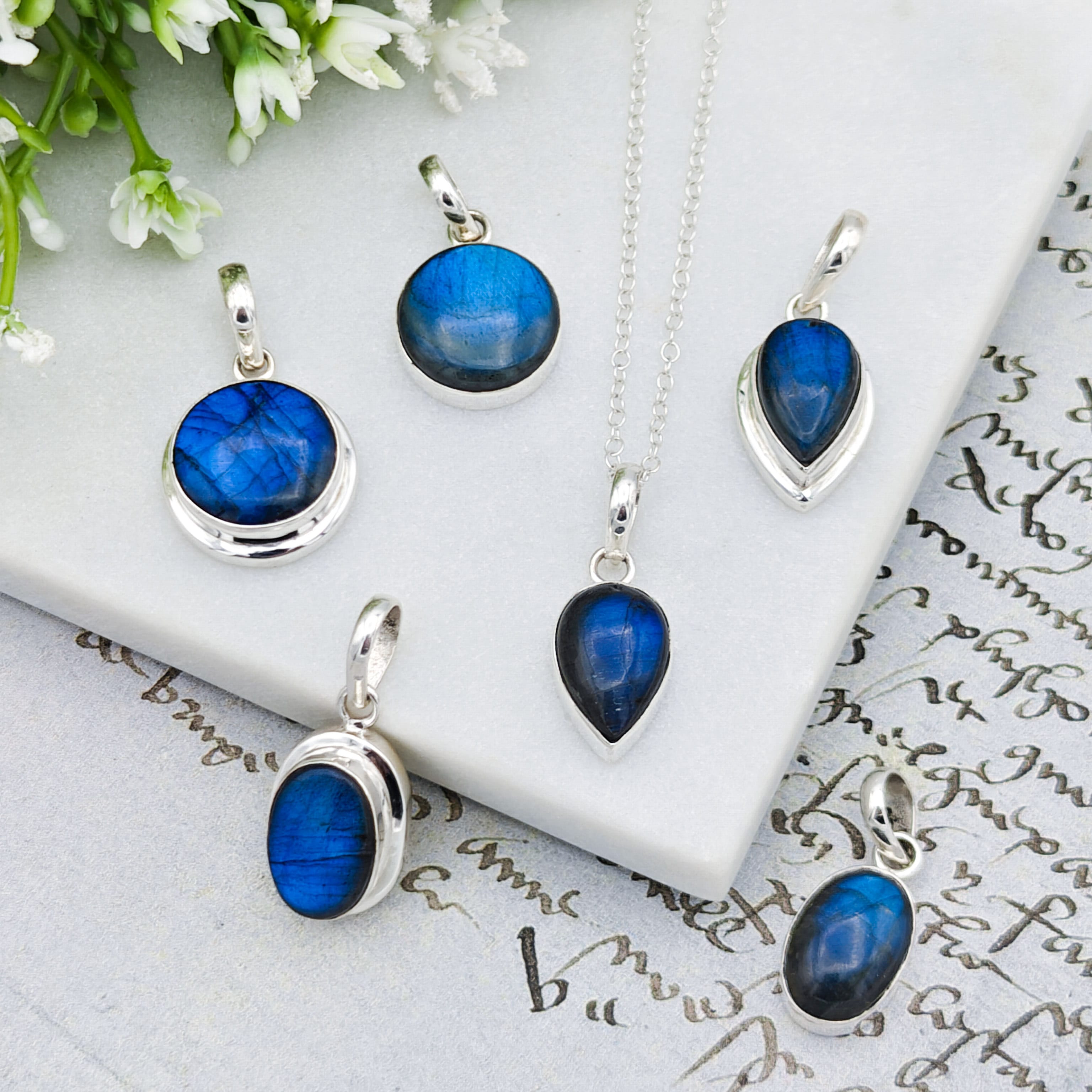 Hepburn and Hughes Labradorite Pendants in Sterling Silver | 15mm length | Blue Gemstone