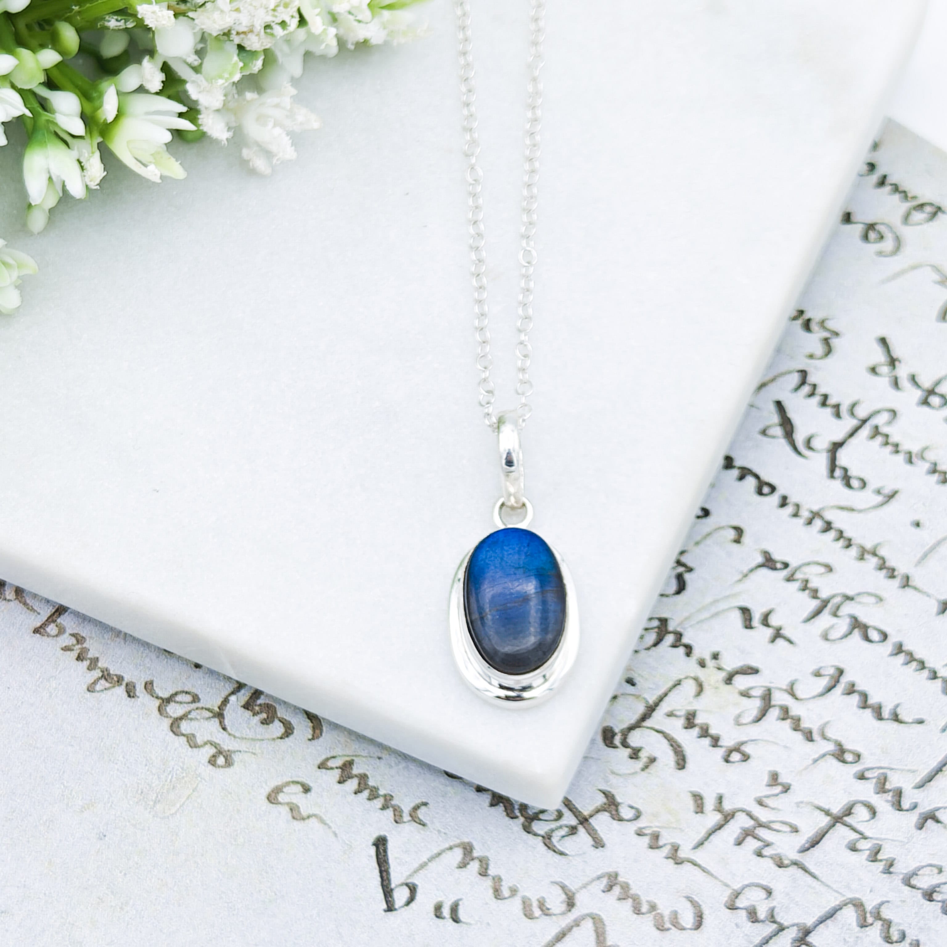Hepburn and Hughes Labradorite Pendants in Sterling Silver | 15mm length | Blue Gemstone