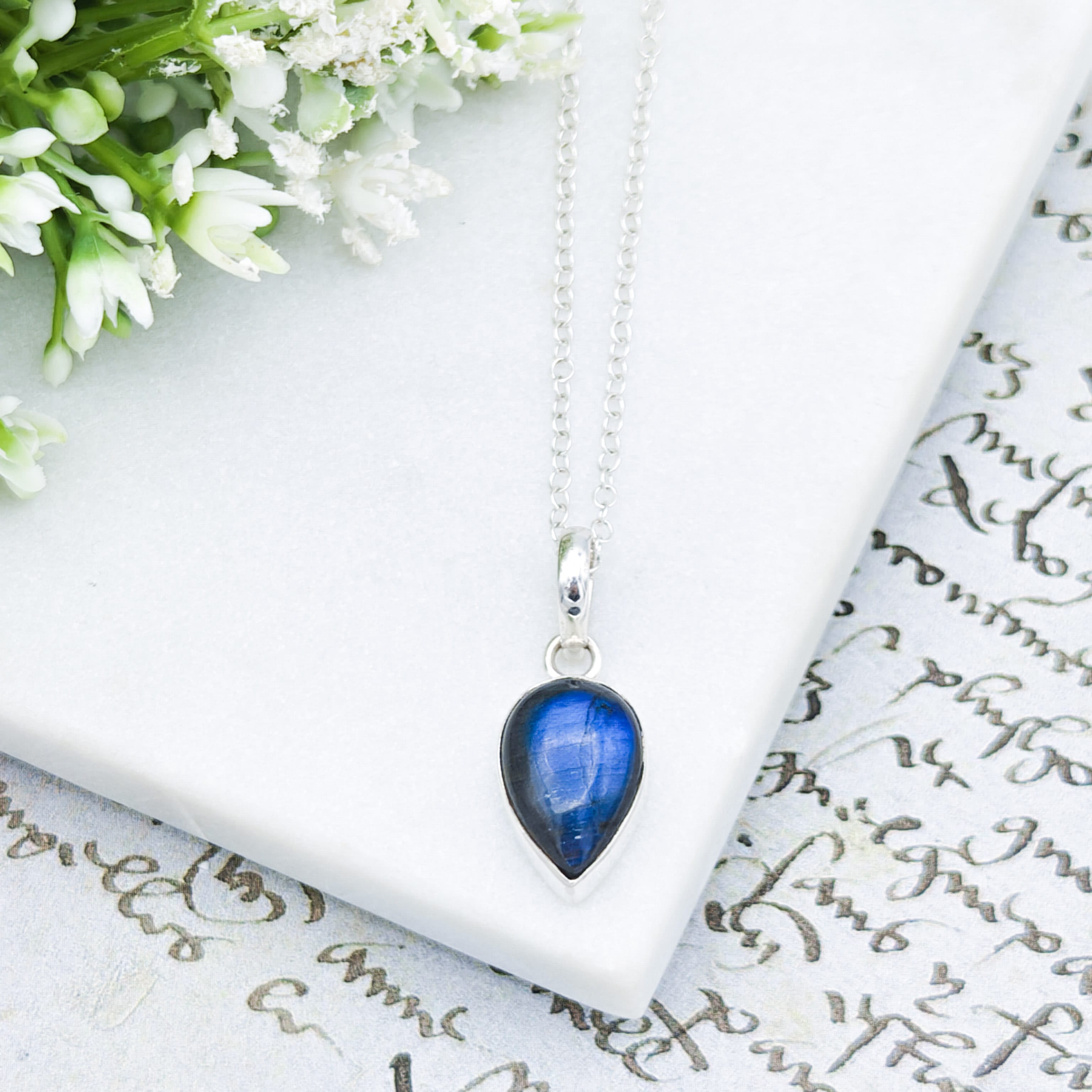 Hepburn and Hughes Labradorite Pendants in Sterling Silver | 15mm length | Blue Gemstone