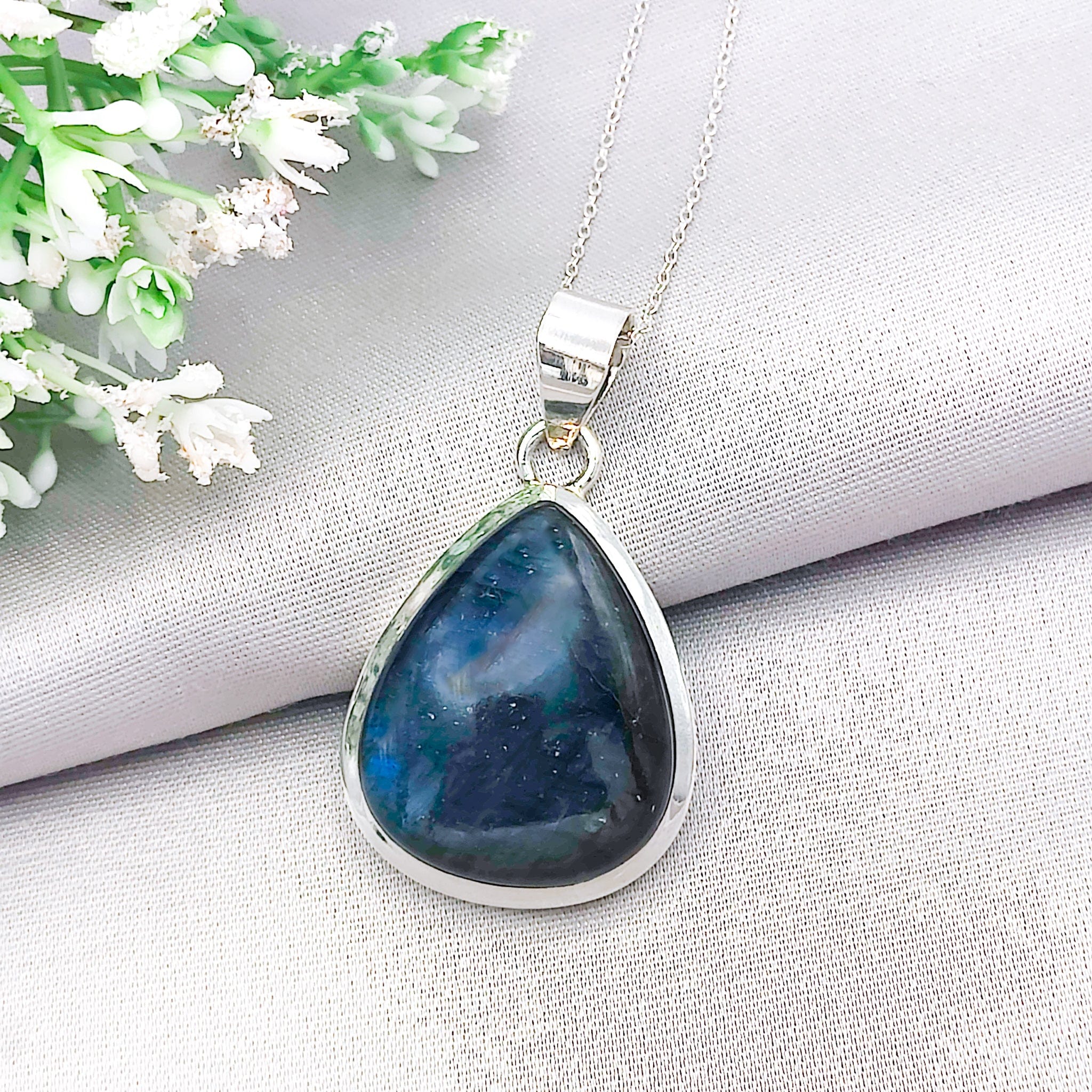 Hepburn and Hughes Labradorite Statement Pendant | 33mm Teardrop | Sterling Silver