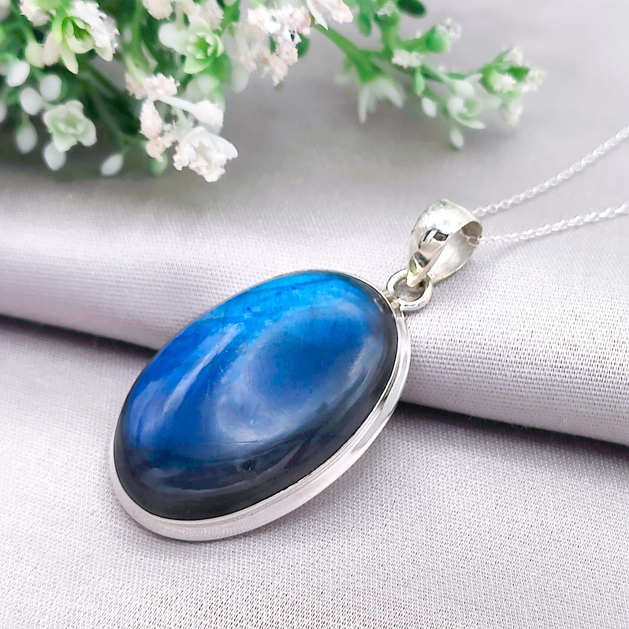 Hepburn and Hughes Labradorite Statement Pendant | 40mm Oval | Sterling Silver